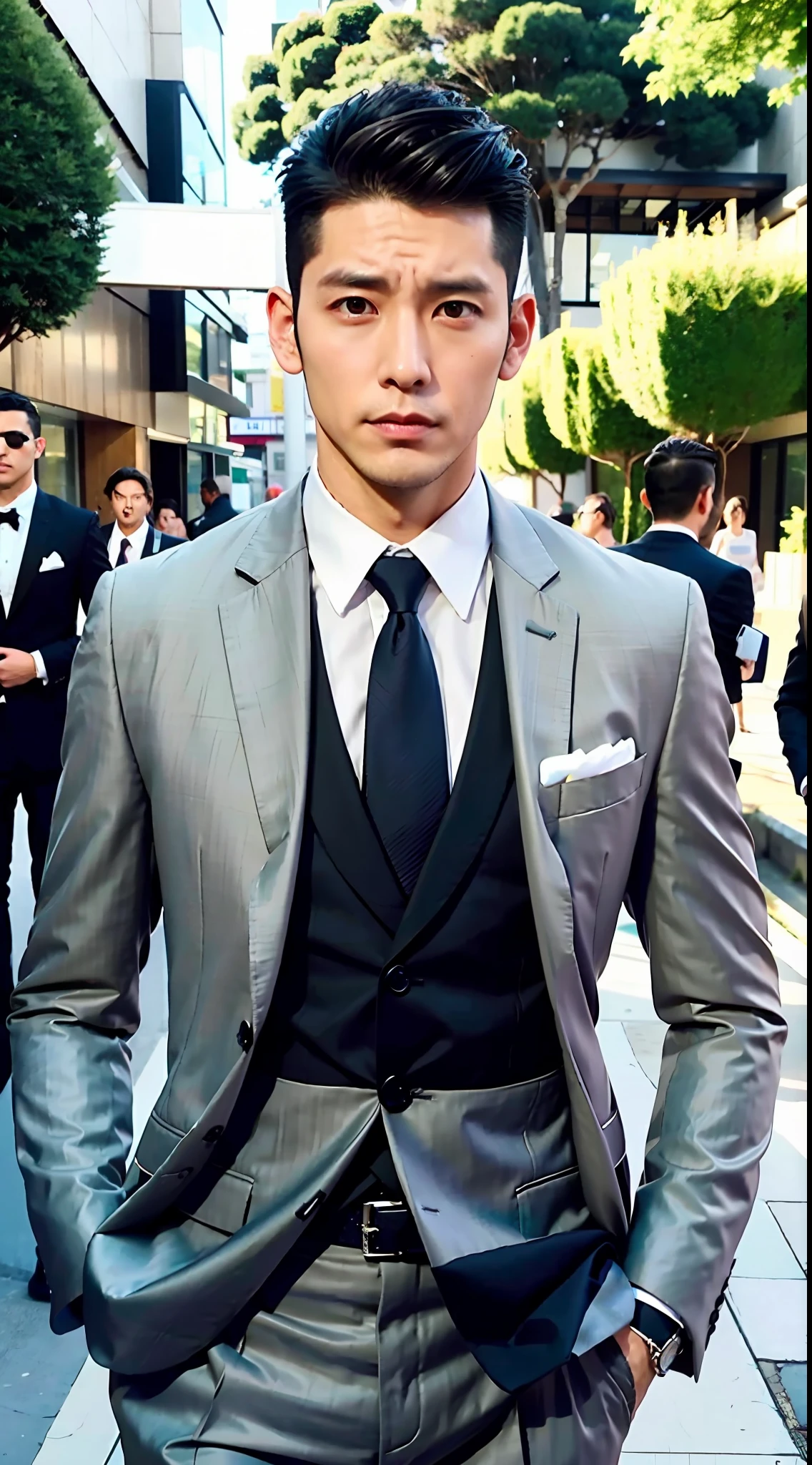 1boy, 35 years old Japanese male, (male:1.5), gray eyes, squint, (very short hair:1.3), under_cut, Pompadour, ((formal)), ((suit)), (handsome, sharp) , fierce facial features,))), (stout muscular body), (stout physique), SFW, outdoors, detailed background, modern urban,