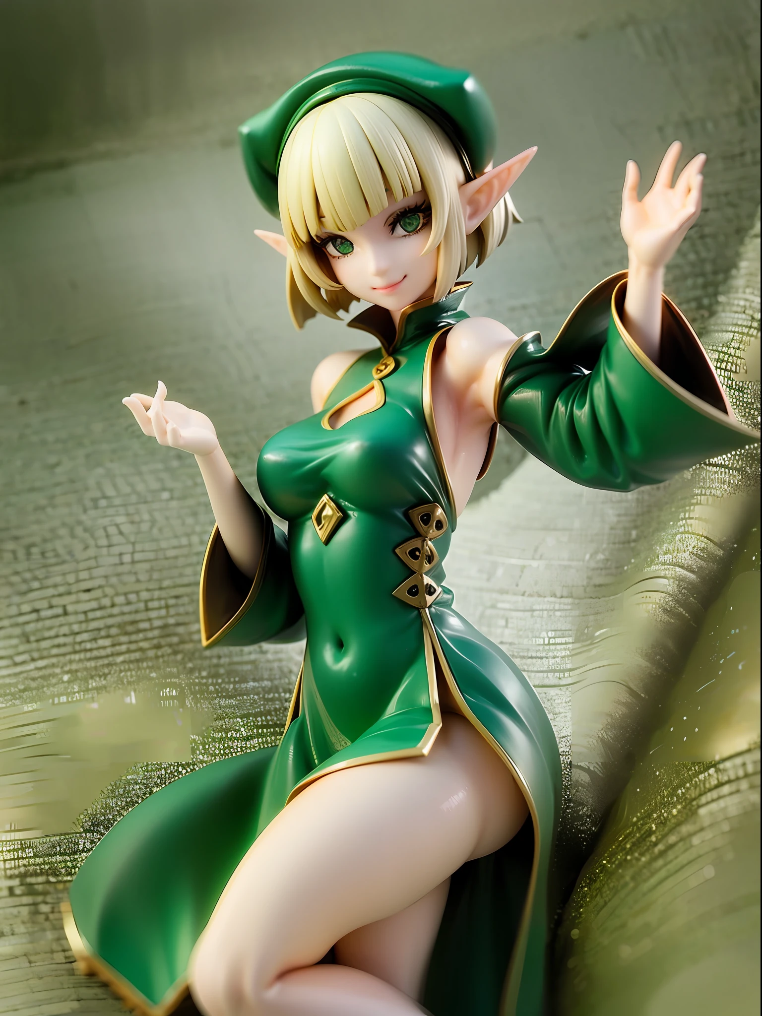 1 elf girl, green, elf ears, beautiful eye, elegant smile, green elf style robe, dress with green gems, blond wavy short hair, bob cut, white flour hair accessories, deep gold eyes, dancing joyfully, moonlit forest, full body