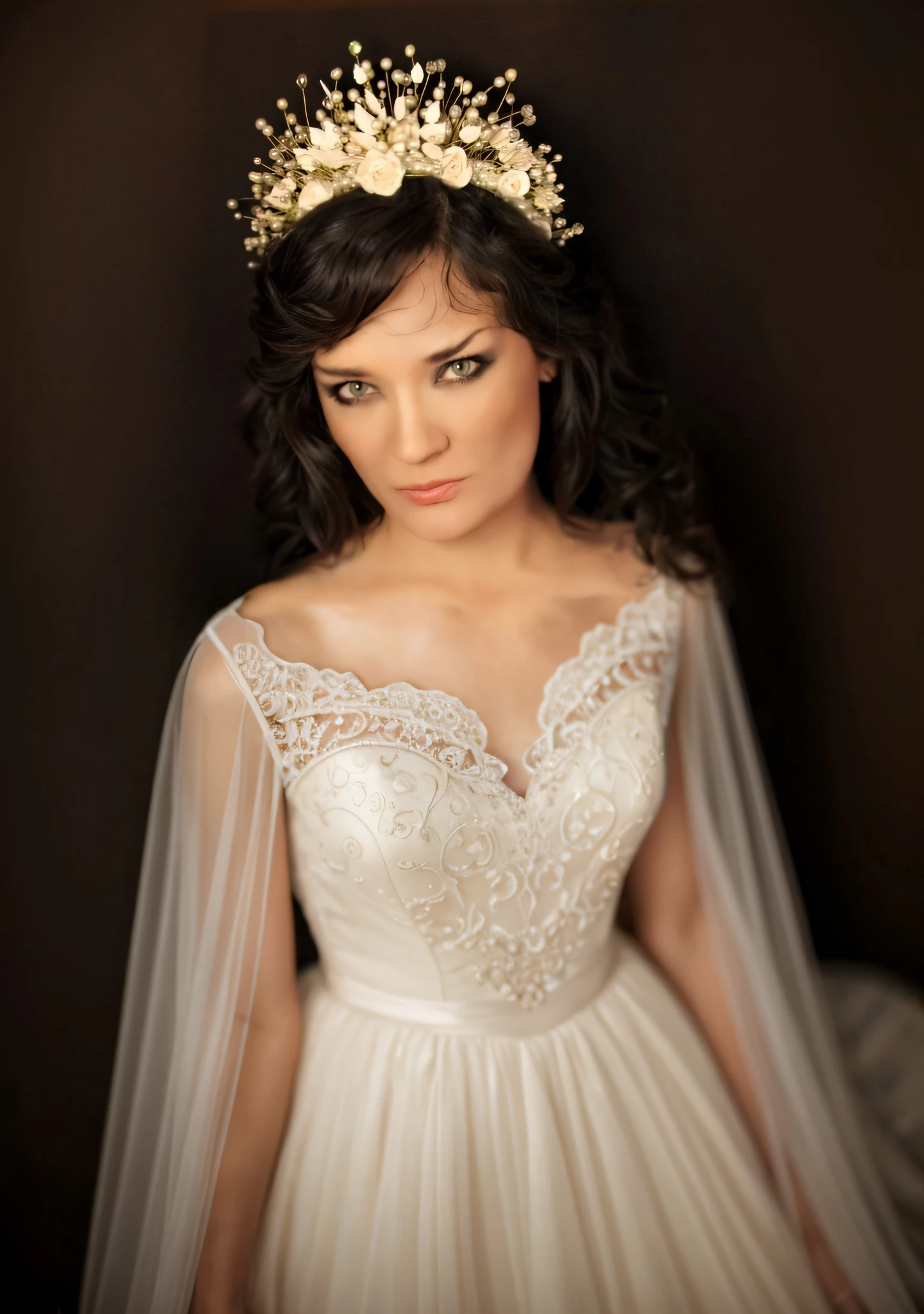 RAW professional photo, studio light, detailed skin,long curly detailed hair, dark curly hair, beautiful skin, finest skin detailed, finest illustrated skin,, woman in light pink intricate lace romantic dress with tulle cape,beige, champagne color fabric, luxury lace dress, 3/4 pose, perfect body, correct proportions, correct hands, correct arms, correct fingers, Highest Quality, masterpiece, (soft diffused lighting, cinematic lighting. dramatic lighting), Highly detailed photo,, portrait, (highly detailed skin), toned body, sfw, depth of field, photographed on a Canon EOS R6, 100mm lens, F/4 aperture, (hyperdetailed, intricate details), sharp focus, 8k, absurdres, 8mm film grain , elegant, high detailed, cinematic, high res, Masterpiece, (by Alyssa Monks:1.1), by Joseph Lorusso, by Lilia Alvarado, beautiful lighting, sharp focus, 8k, Nikon Z9, Award - winning photograph, delicate_features, soft skin, rz884n4l0g,