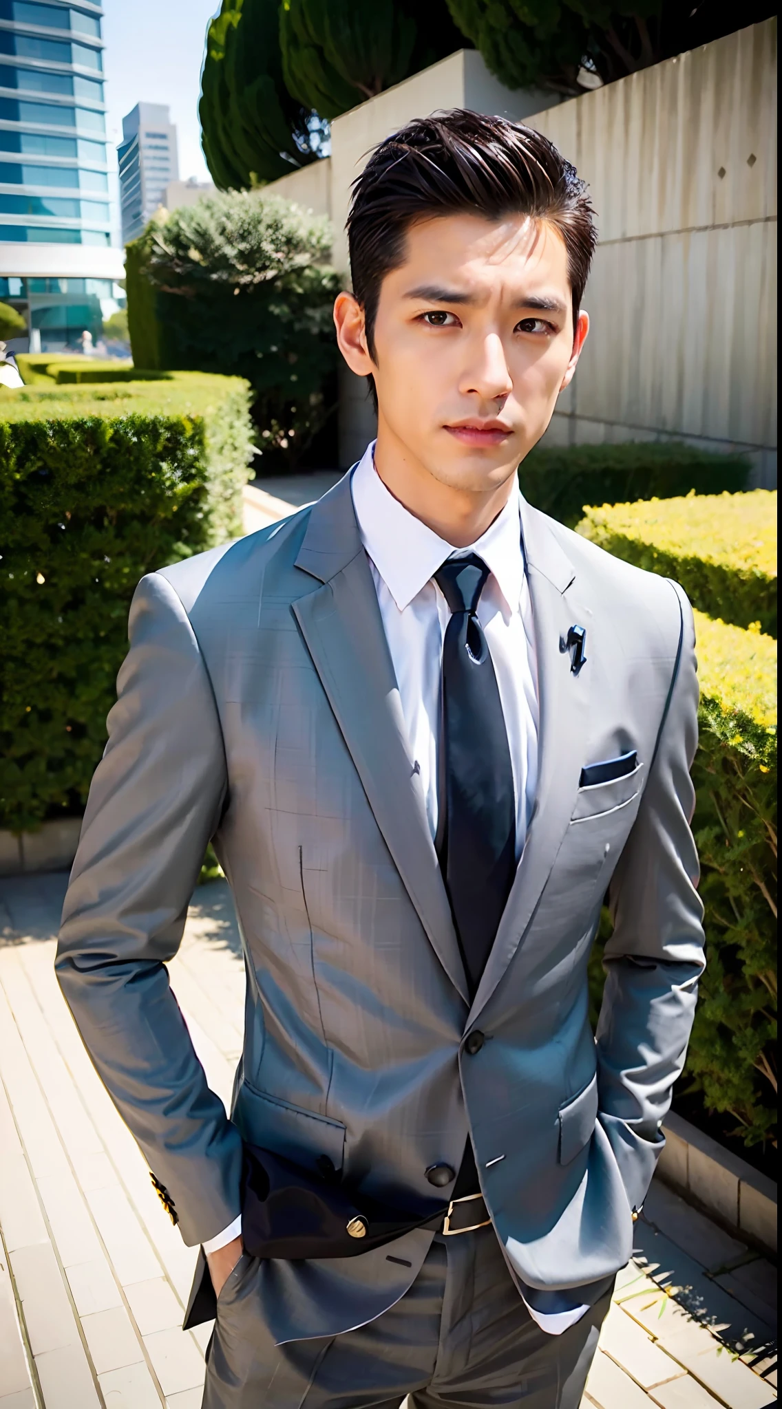 1boy, 35 years old Japanese male, (male:1.5), gray eyes, squint, (very short hair:1.3), under_cut, Pompadour, ((formal)), ((suit)), (handsome, sharp) , fierce facial features,))), (stout muscular body), (stout physique), SFW, outdoors, detailed background, modern urban,