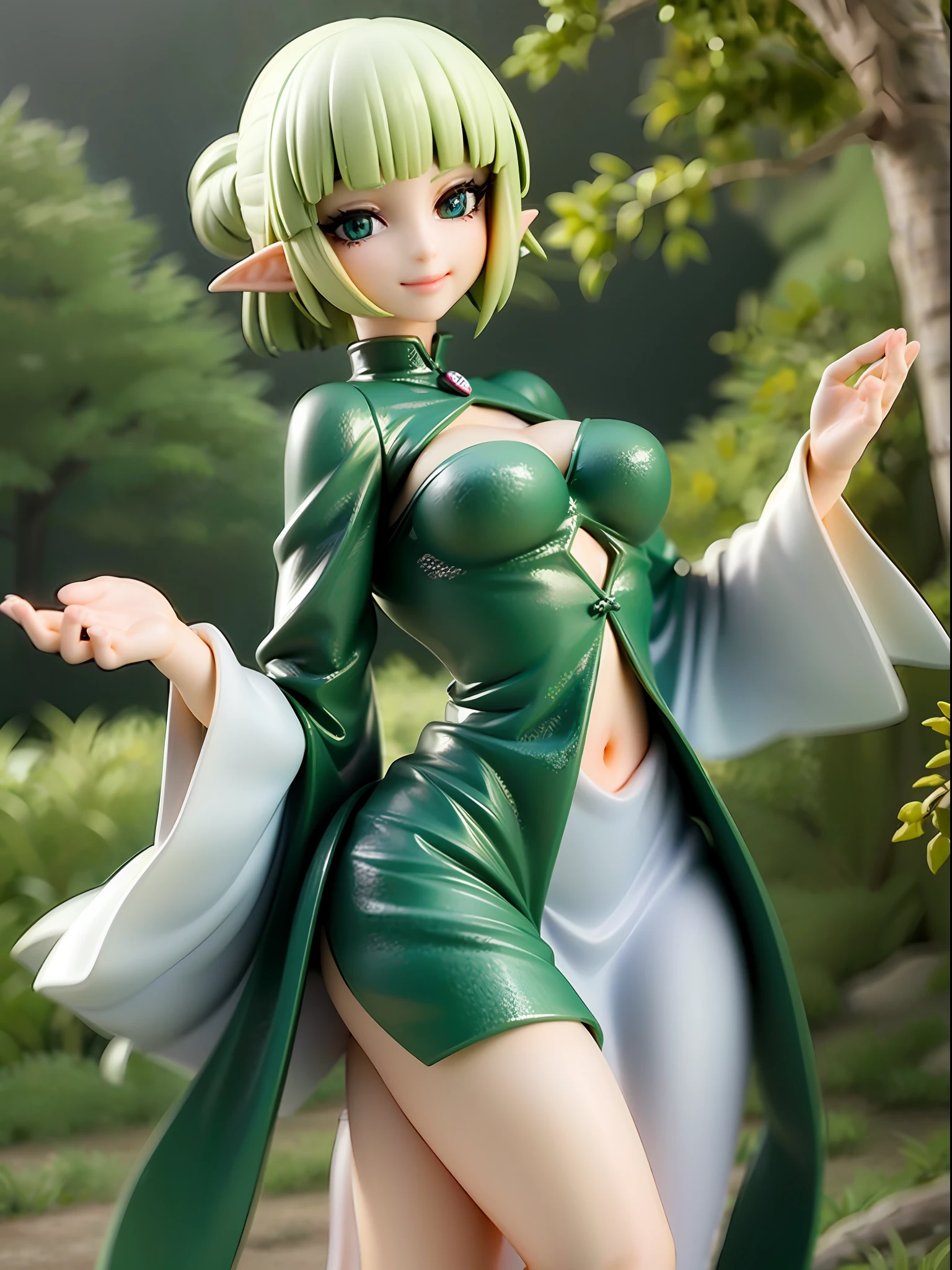 1 elf girl, slender, elf ears, beautiful eye, elegant smile, green elf style robe, dress with green gems, blond wavy short hair, bob cut, white flour hair accessories, deep gold eyes, dancing joyfully, moonlit forest, full body