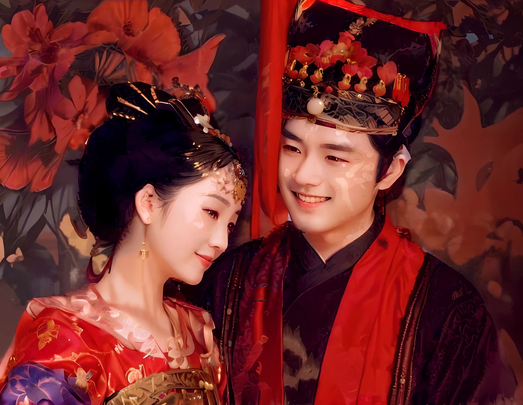 There is a man and a woman dressed in traditional Chinese costumes, Chinese Traditional, Princess Taiping and Xue Shao, wearing Chinese ancient costumes, Chinese traditional costumes, Han clothes, wearing gold-plated red robes, Chinese style, ancient swords, traditional costumes, Tang Dynasty, with ancient Han costumes, high precision, clear and clean face, high quality, smile