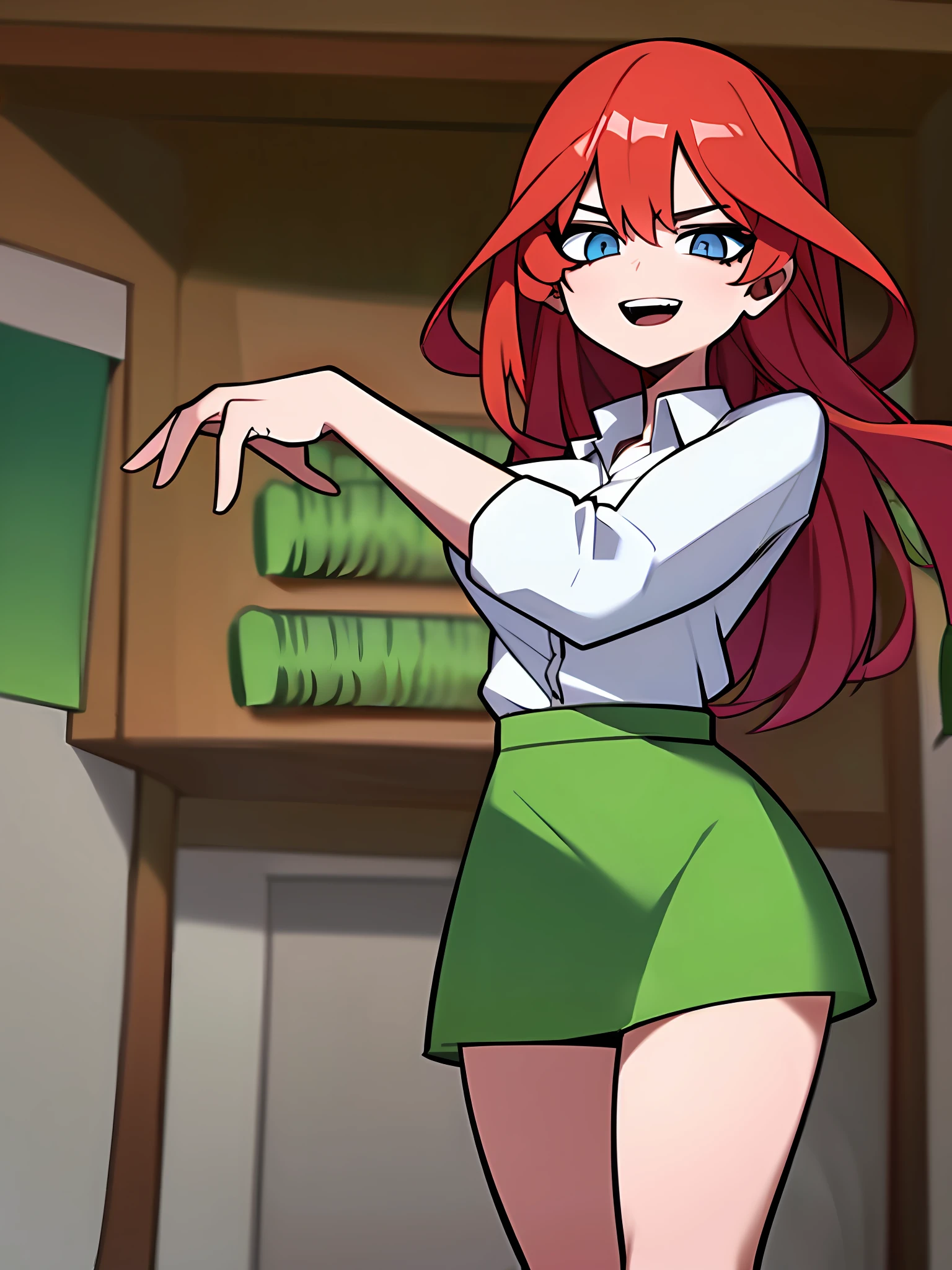 ((masterpiece, best quality)), (1 girl), (solo), (female focus), (chokeholding, red hair, long hair), blue eyes, slight smile, open mouth, ((white shirt), (buttoned shirt), (gap between buttons)), ((green skirt), (short skirt)), standing, white background, arms behind the back, dynamic angle