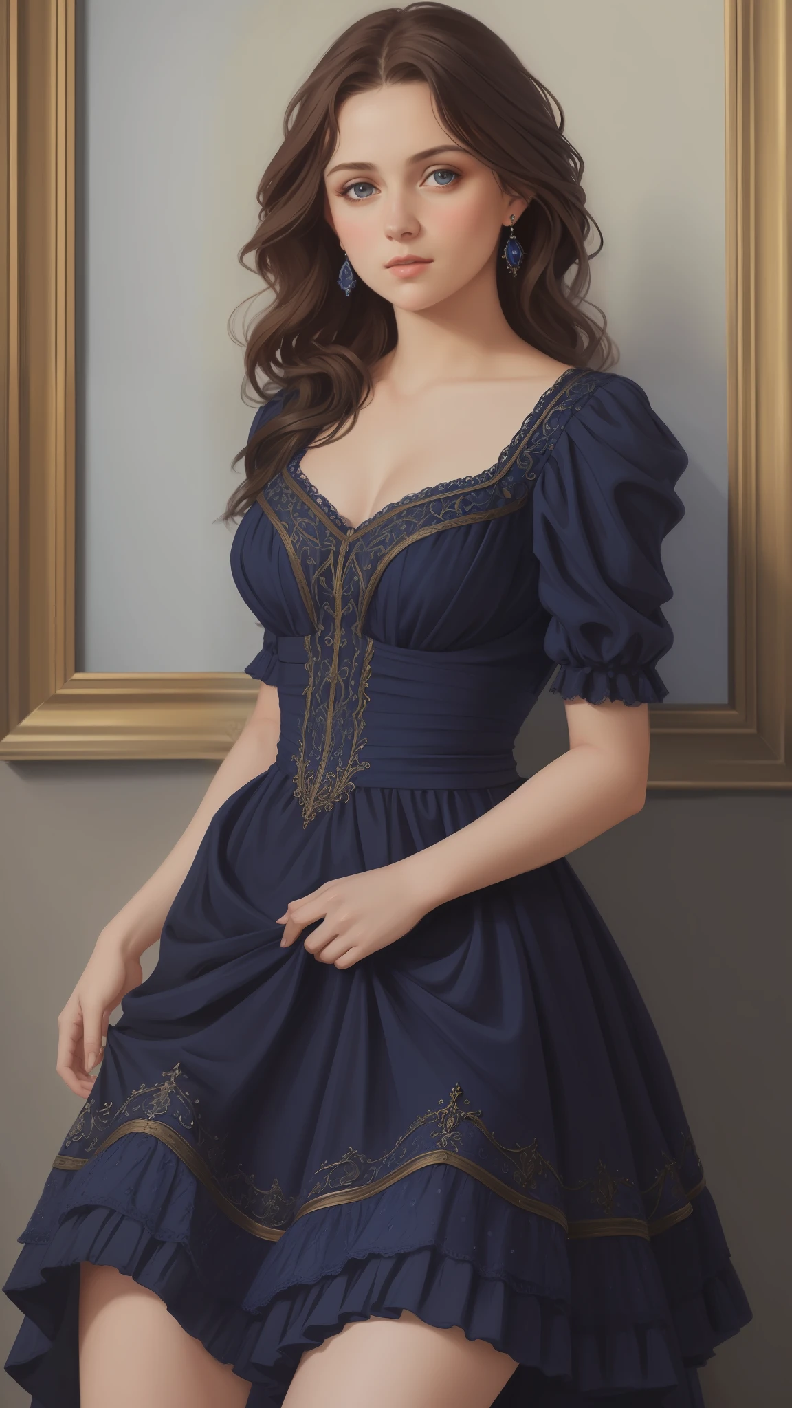 1girl, beautiful teenage girl, small breasts, revealing ornate navy blue dress, short wavy brown hair, portrait, oil painting, modern, realistic proportions, intricate, intricate details, sharp focus