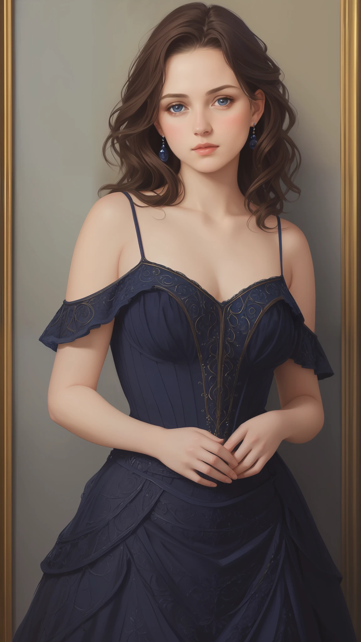 1girl, beautiful teenage girl, small breasts, revealing ornate navy blue dress, short wavy brown hair, portrait, oil painting, modern, realistic proportions, intricate, intricate details, sharp focus