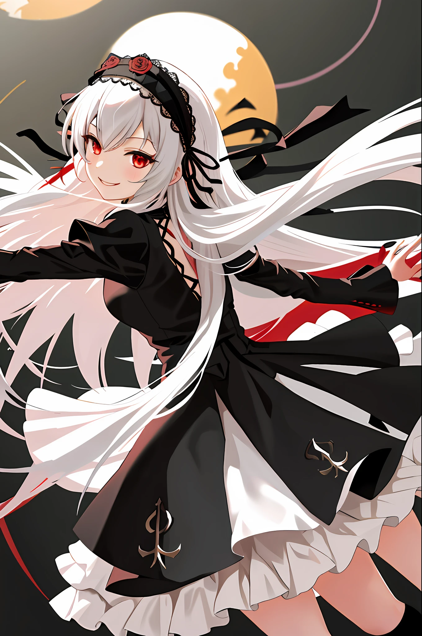 masterpiece, best quality, highres, sui1, 1girl, solo, suigintou, red eyes, long hair, gothic dress, white hair, rose hair ornament, long sleeves, gothic hairband, ribbon, black dress, black wings, cowboy shot, wariza, smile, reaching out, spread arms,