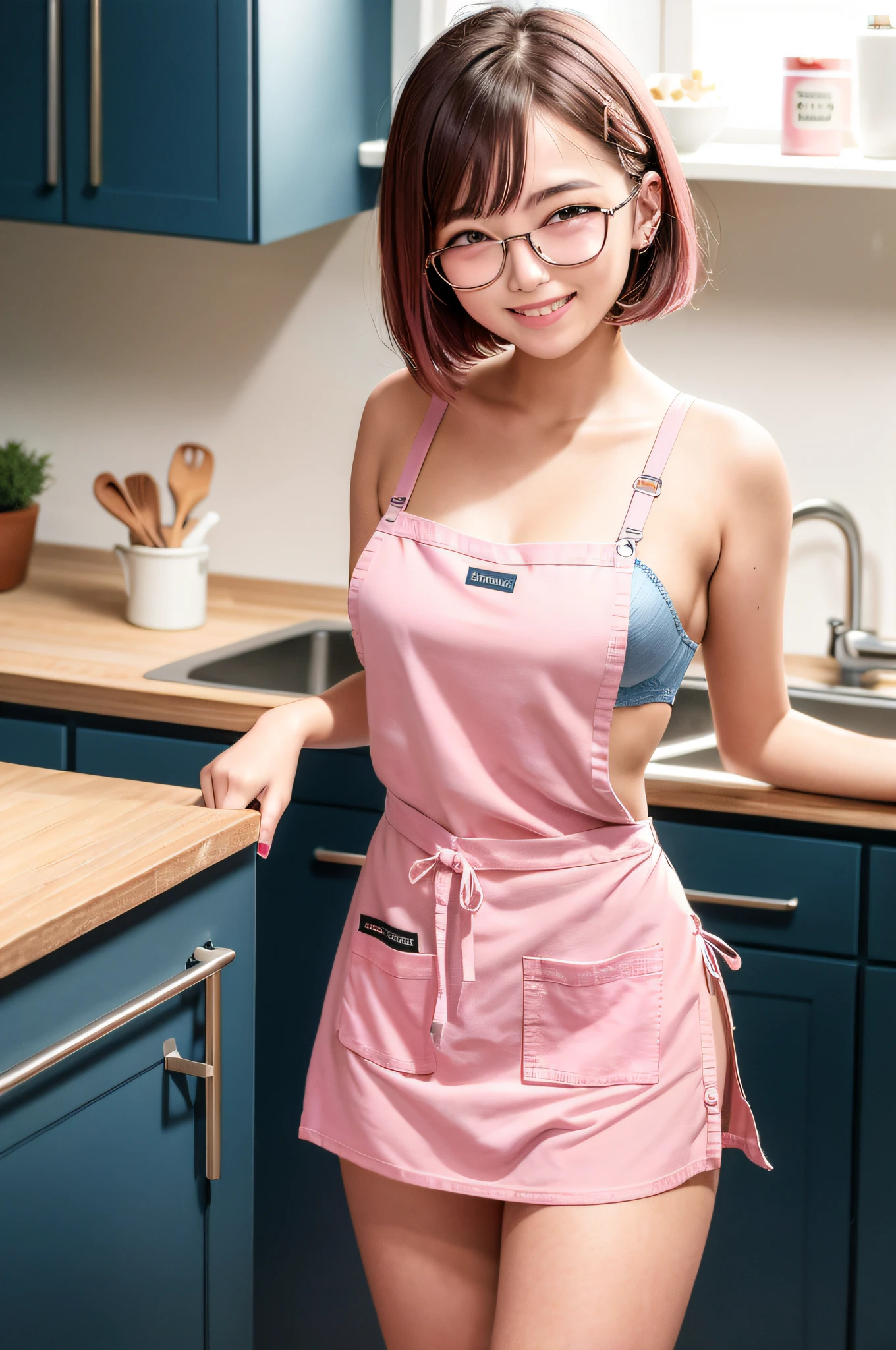 kitchen at home, woman 18 years old, bust size is D cup, wearing an apron over underwear, apron is denim fabric, pink bra, pink panties, brown hair, bob hair, boston-shaped glasses, smile,