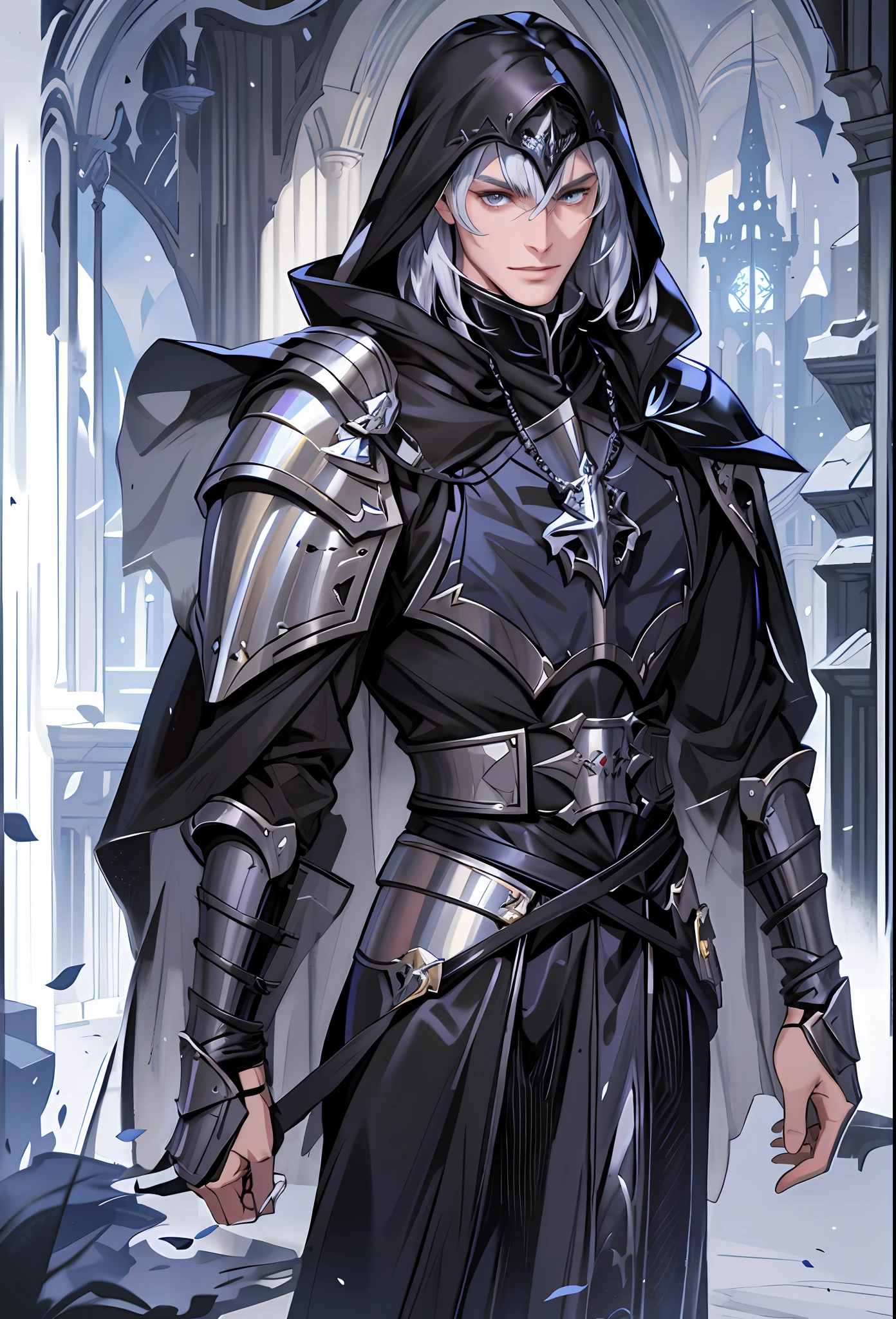 In the castle stands a man dressed in black and silver, a human male paladin, male paladin, full portrait of a magical knight, a gothic knight, pale black armor, an anthropomorphic crow knight, a trend on Artstation, smooth silver armor, Alsen Lupin as a paladin, a steel inquisitor from Misterborn, a fantasy paladin, a normal human hand, repairing parts that do not conform to the rules of physics
