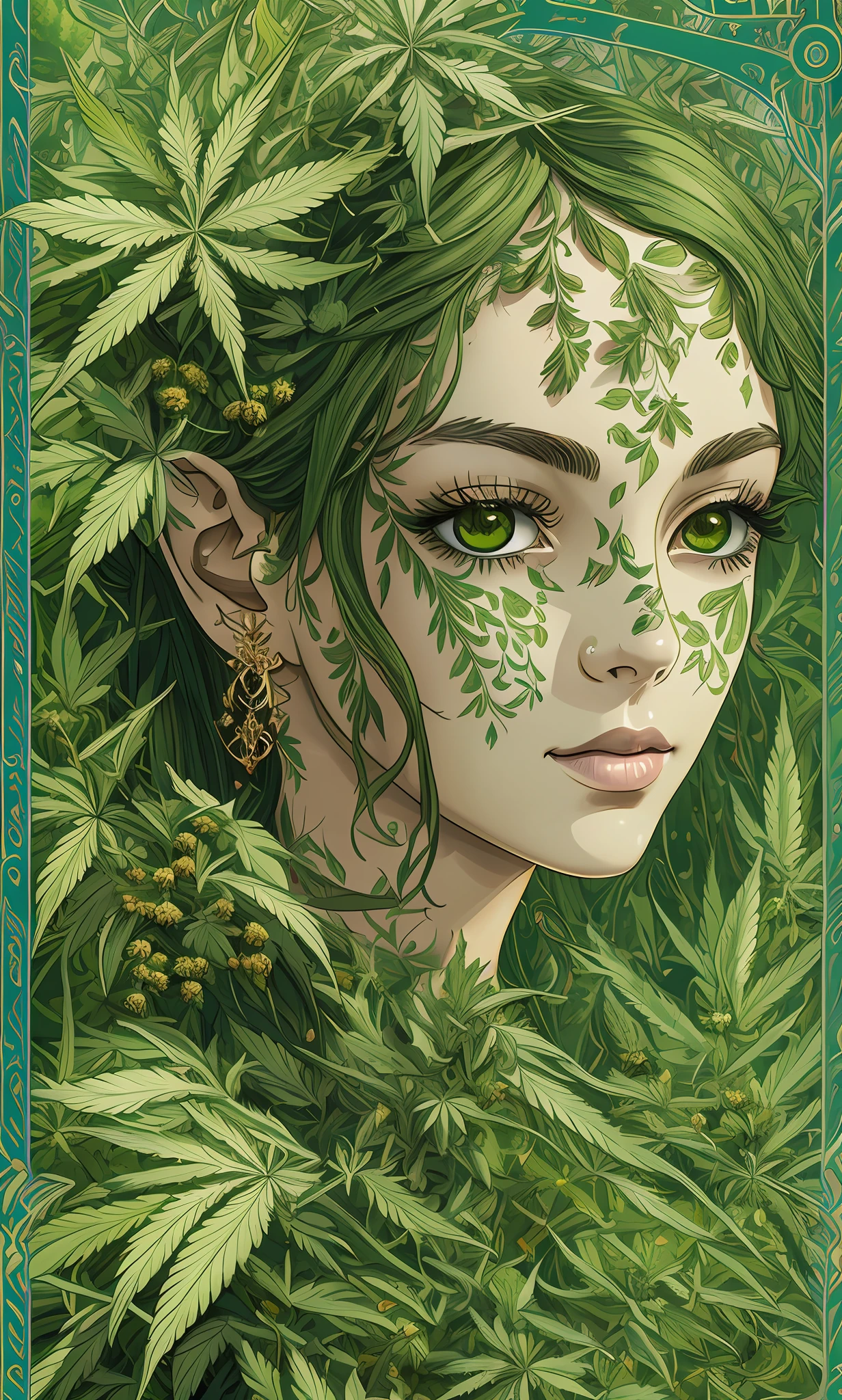 (best quality, masterpiece) portrait of a beautiful and exquisite cannabis dryad with a serene expression, featuring (ultra detailed, high resolution) textures, (dynamic pose, floating) amidst lush greenery. --auto --s2