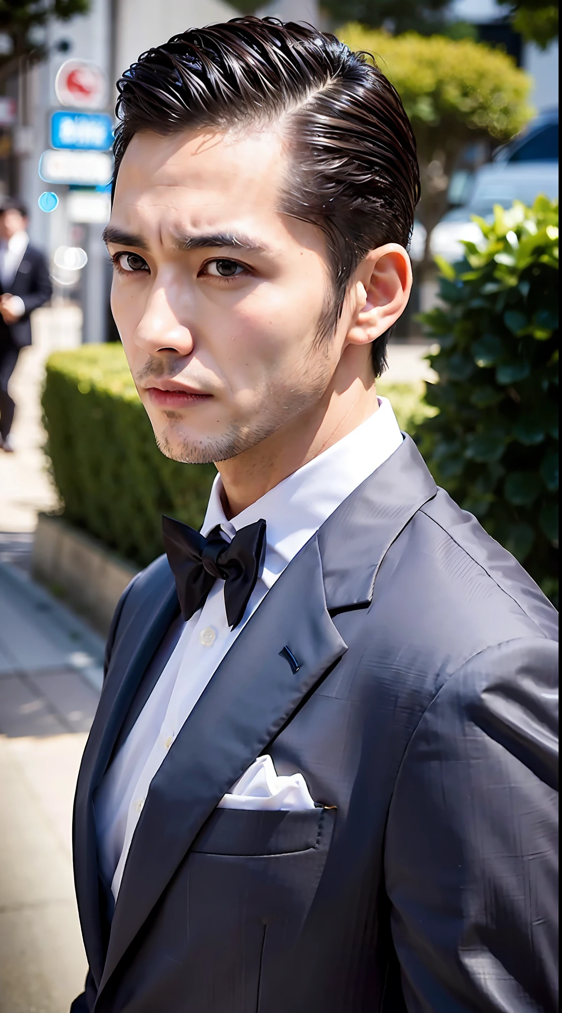 1boy, 35 years old Japanese male, (male:1.5), gray eyes, squint, (very short hair:1.3), under_cut, Pompadour, ((formal)), ((suit)), (handsome, sharp) , fierce facial features,))), (stout muscular body), (stout physique), SFW, outdoors, detailed background, modern urban,