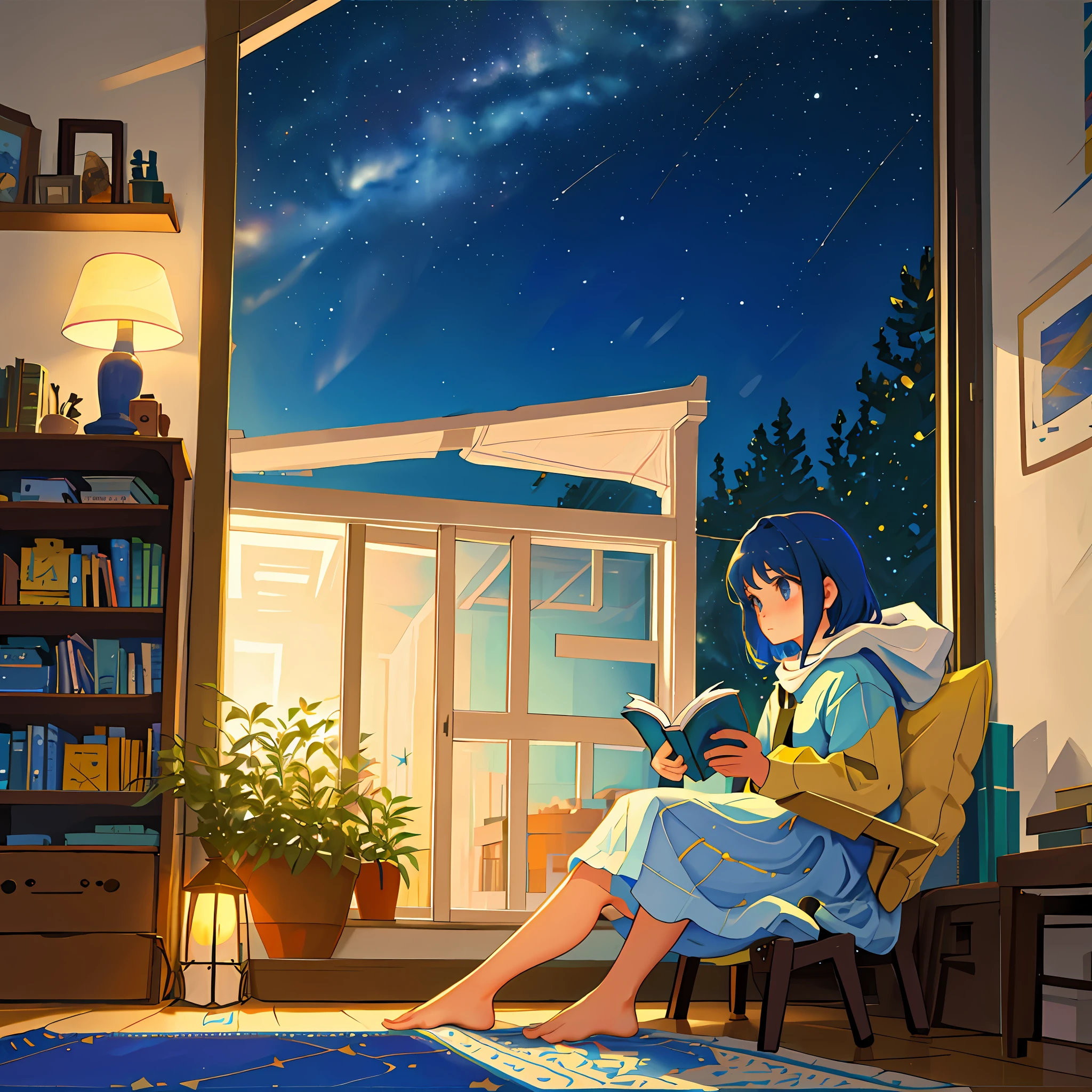 masterpiece, 1girl, solo, room full of scattered books, sitting at window, barefoot, reading book, night at window, distant city lights, starry sky, nebula, close side shot, 8k, detailed, best quality,