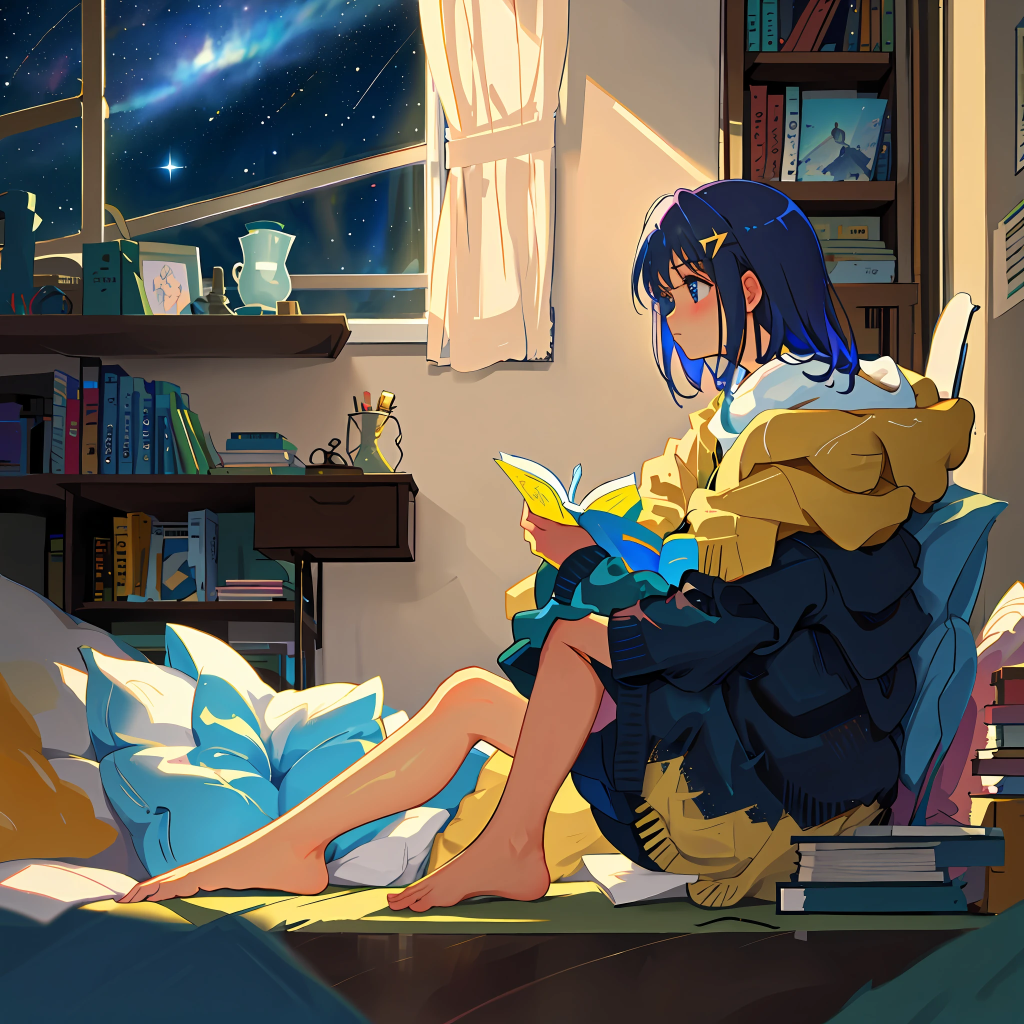 masterpiece, 1girl, solo, room full of scattered books, sitting at window, barefoot, reading book, night at window, distant city lights, starry sky, nebula, close side shot, 8k, detailed, best quality,