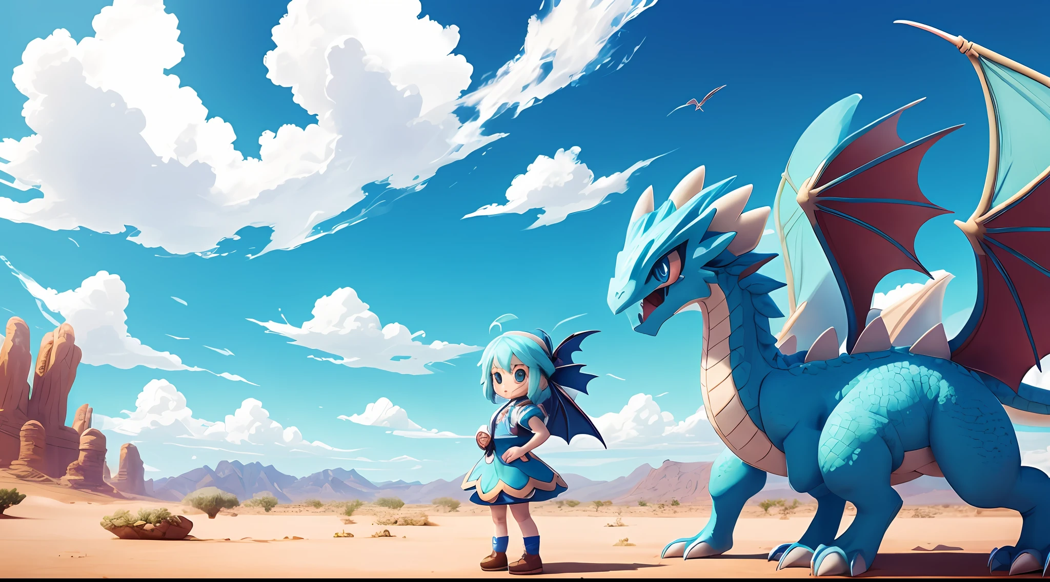 Baby dragon, next to the dragon stands a cute girl, blue sky, desert, feathers, cute big eyes, love, gentle, Pokemon style