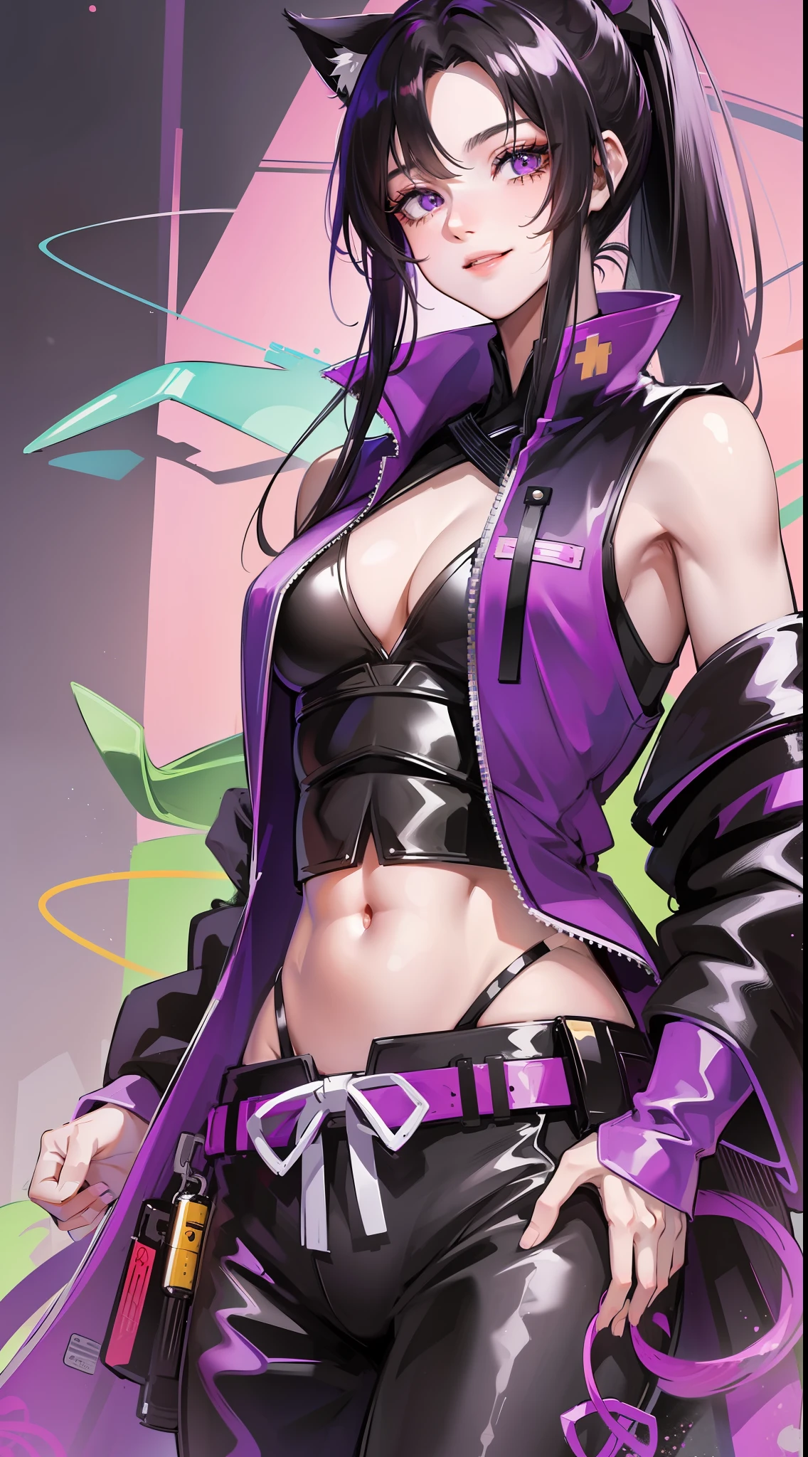 Young guy, long black hair, high ponytail, purple eyes, cat ears, shinobi shape, pants, open belly, smile, masterpiece, high quality
