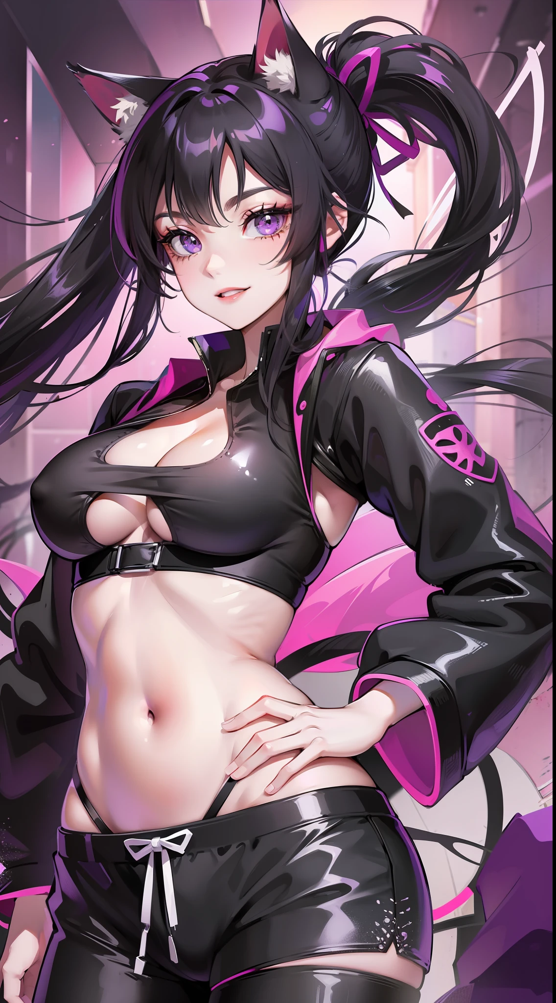 Young guy and girl, long black hair, high ponytail, purple eyes, cat ears, shinobi shape, pants, open belly, smile, masterpiece, high quality