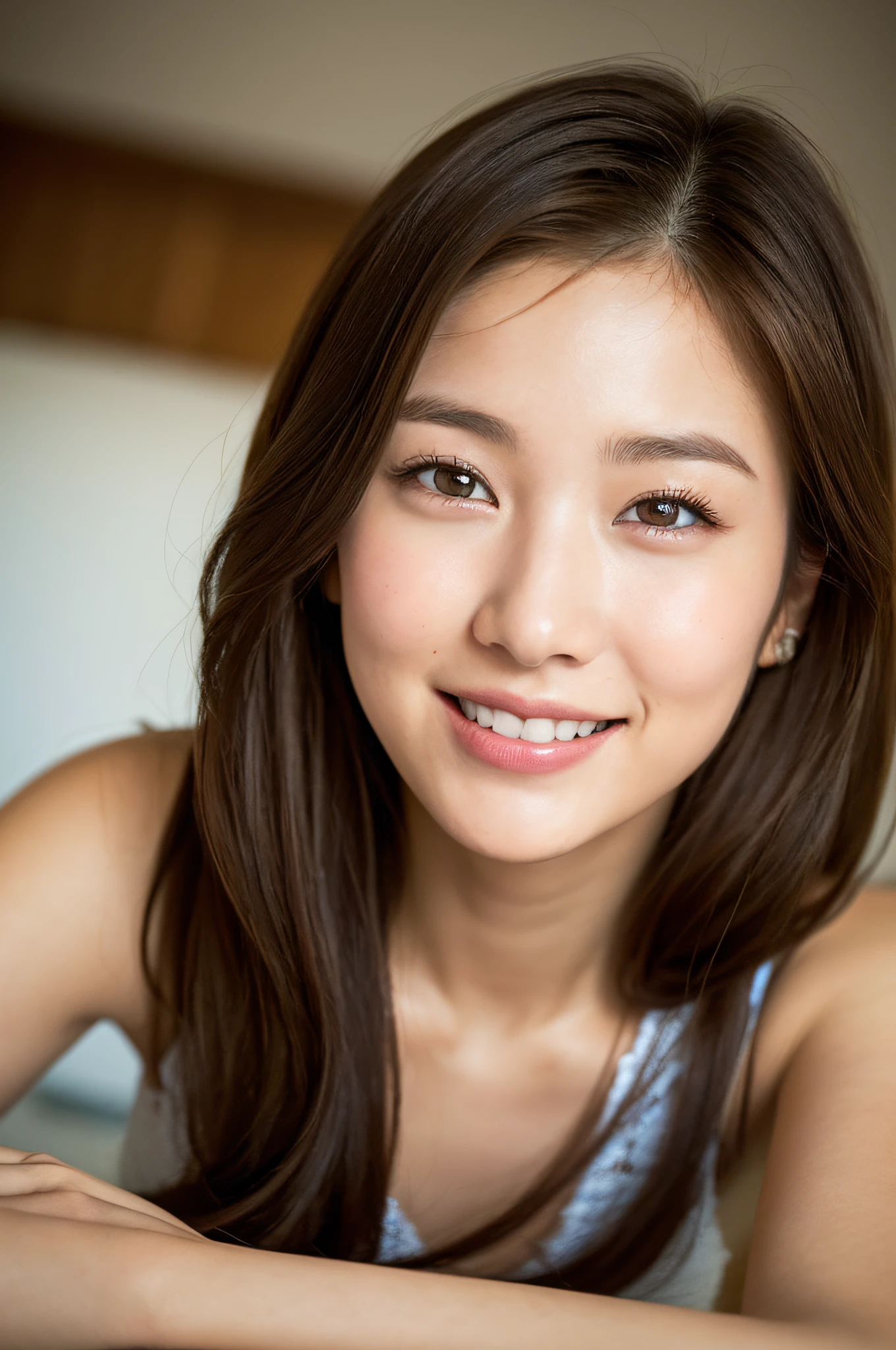 Top quality, realistic, realistic, very detailed, very delicate and beautiful, RAW photos, professional lighting, face lighting, depth of field, single focal, full body, brown hair, , brown eyes, small head, (((big)), fashion girl, beautiful eyes, real face, real skin, realistic face, realistic skin, detailed eyes, (fashionable hairstyle: 1.3) dynamic pose, viewer, detailed face and chest look, 18 year old woman, smiling, lying on her back, composition looking down from slightly obliquely, floor