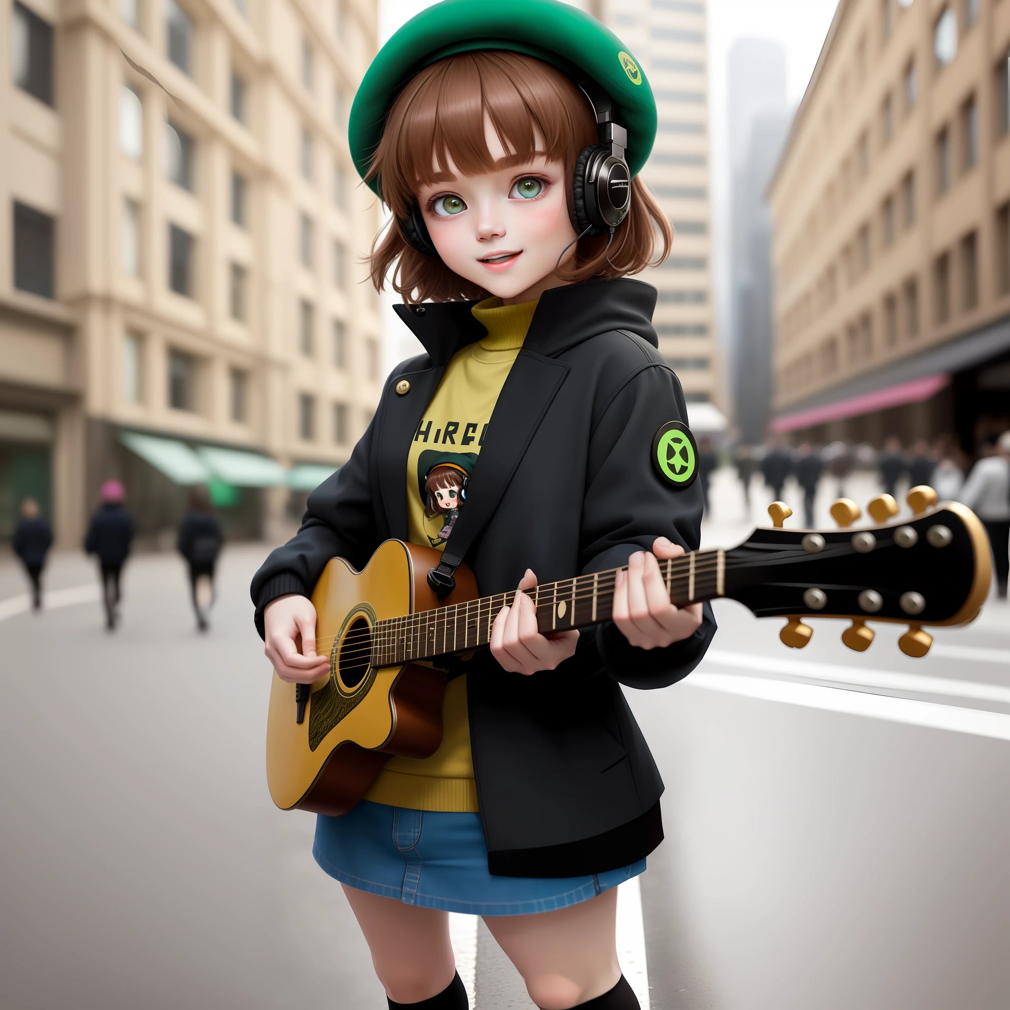 (Masterpiece), (Excellent), (Super Meticulous), (Full Body: 1.2), 1girl, Chibi, Cute, Smile, Open Mouth, Outdoor, Play Guitar, Music, Berets, Hands Crossed at the Waist, Coat, Blush, Cyberpunk City Background, :3, Shirt, Short Hair, Green Headgear, Blurry, Brown Hair, Blush Sticker, Long Sleeves, Bangs, Headphones, Brunette Beautiful background (beautiful and delicate face), (beautiful and delicate eyes),