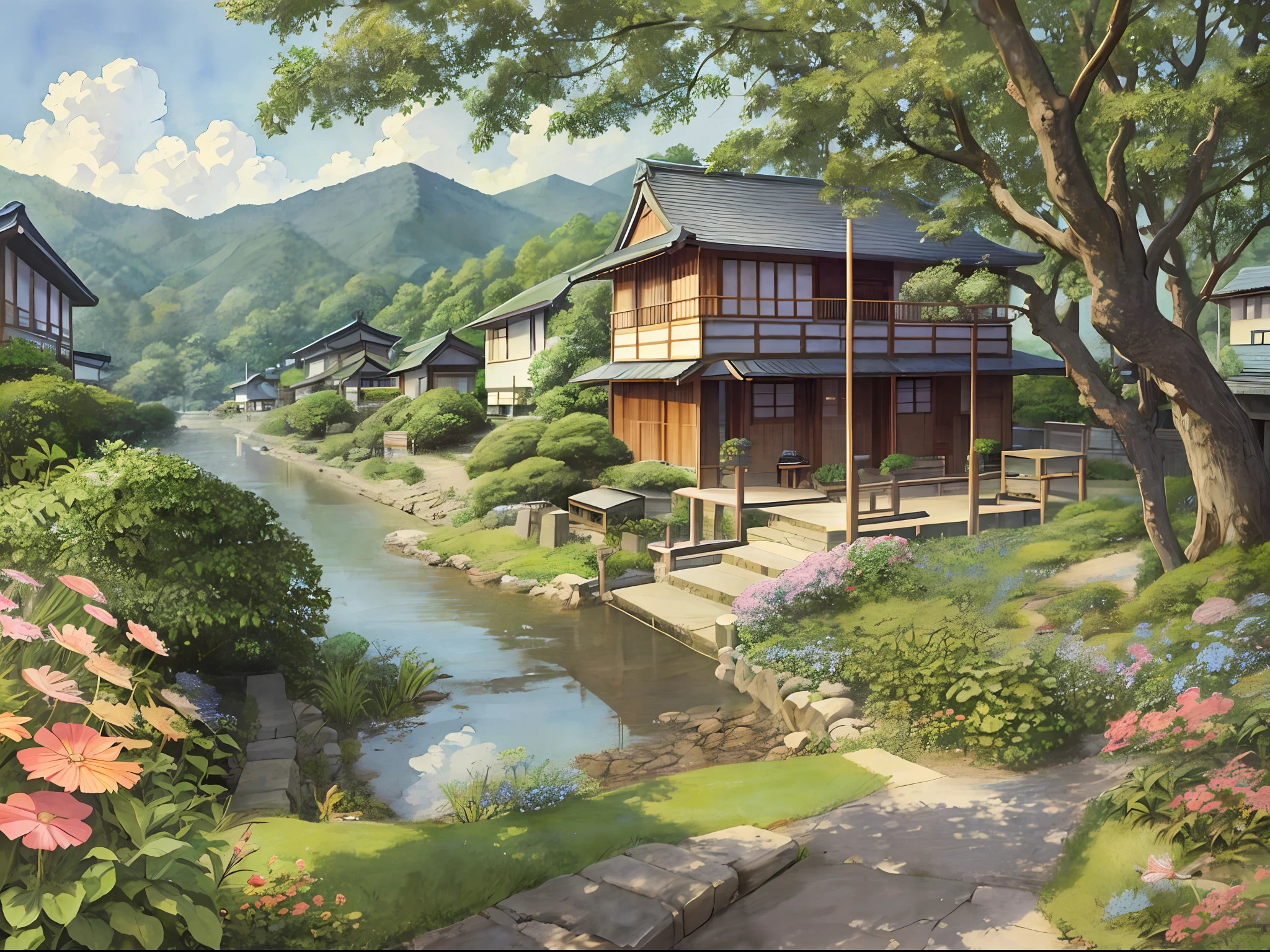 Delicate watercolor illustration of cozy small town in Japan Warring States period, cozy beautiful composition, summer afternoon color scheme, sharp details, intricate details