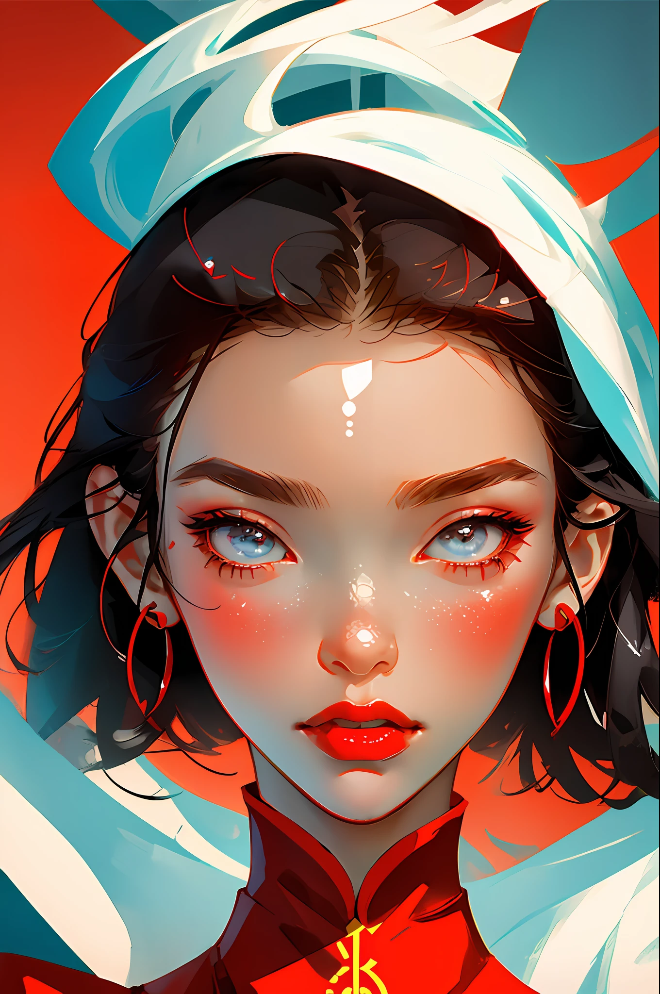 (Face close-up: 1.3), avatar close-up, cheongsam woman, trendy, modern, red, black and white fluorescent, flat style, minimalism, graphic illustration, Tsuruta Ichiro style,