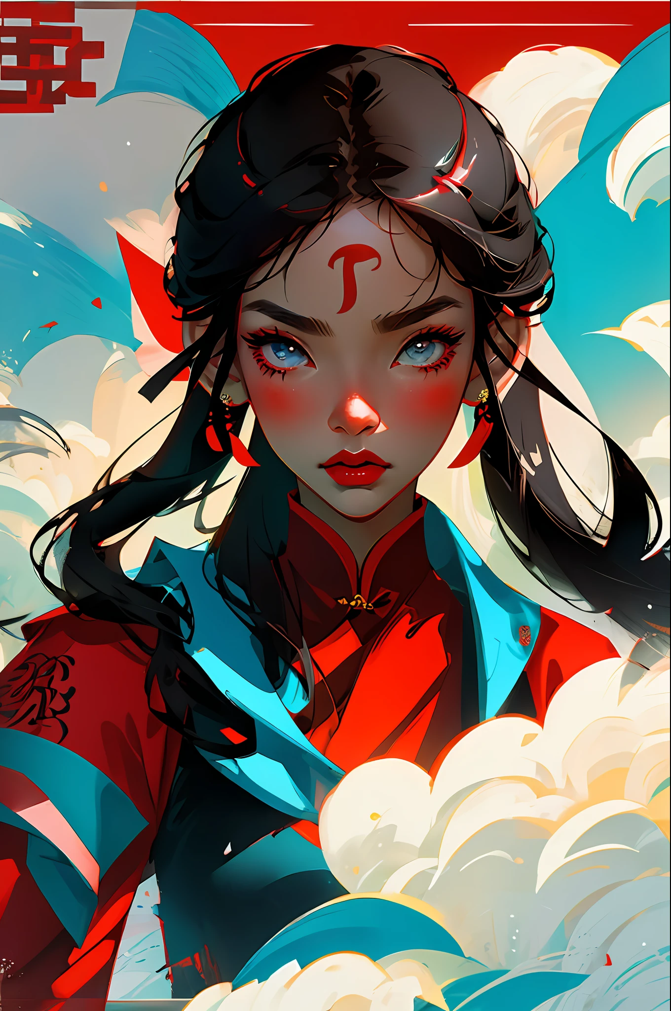 (Face close-up: 1.3), avatar close-up, cheongsam woman, trendy, modern, red, black and white fluorescent, flat style, minimalism, graphic illustration, Tsuruta Ichiro style,