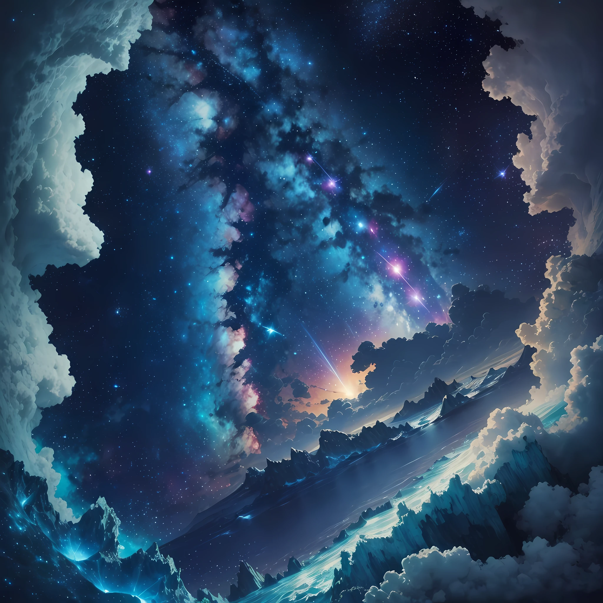 Starry Sky Under the Sea, 4K, Detail, Outstanding Work, Night View, Milky Way, Orion Nebula, Comet, Meteor Crossing , Nebula Sea Level, Meteor Shower, Clouds, Distant Scene, Dawn Appearance, Starry Sky, More Stars --auto --s2