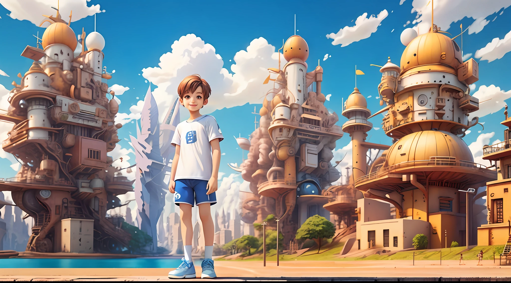 Solid color clean background, cute boy, white short sleeves, blue shorts, (panorama: 1.2), standing, smiling