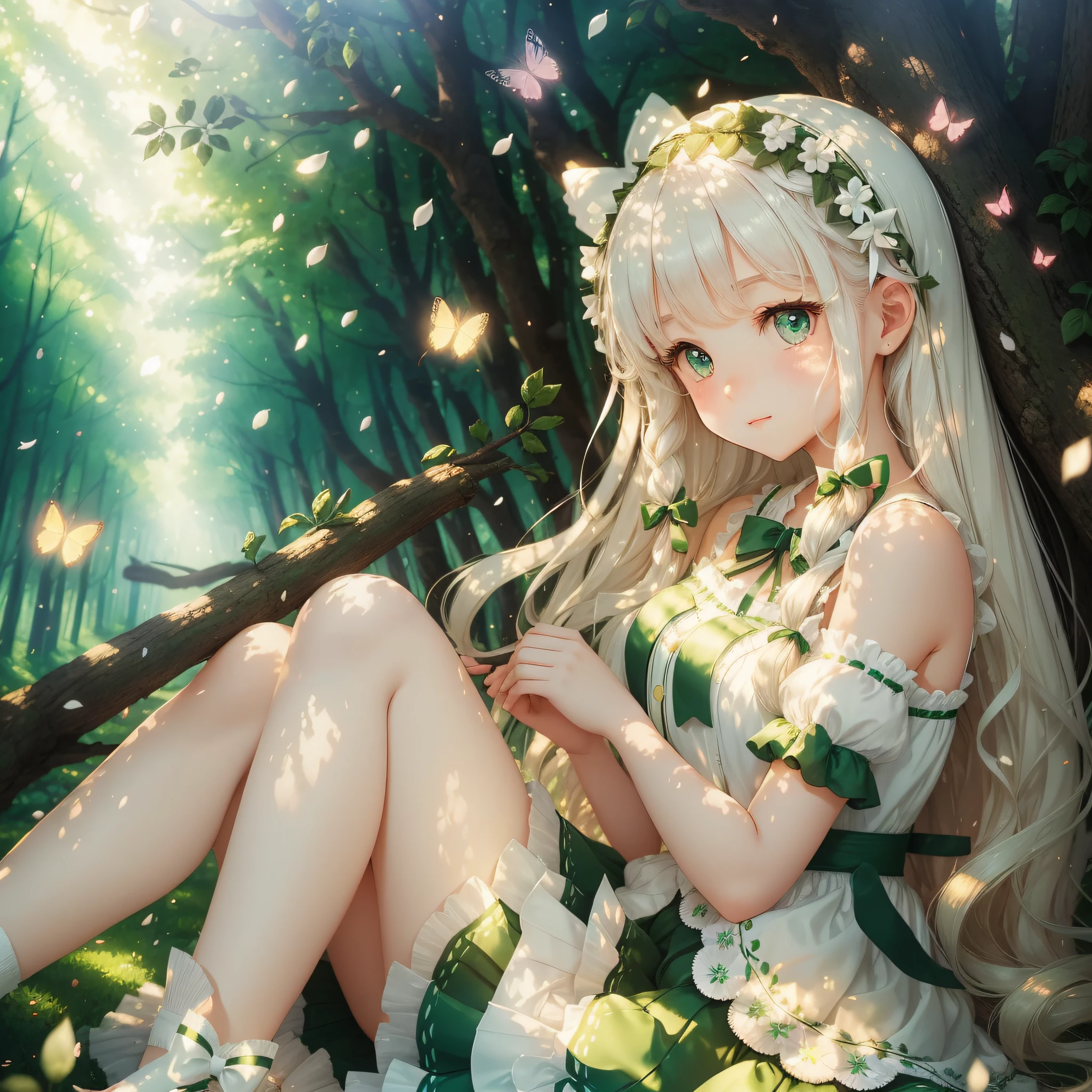 The first paragraph: the best picture quality, exquisite and cute, clearly visible, natural light and shadow, perspective close-up, subject girl, dynamic presentation; The second paragraph: girl's long white hair, soft light, playful expression, girly image cute, relaxed, sweet and soft, cute; Third paragraph: garland headdress, green short skirt, white ribbon, green bow, background is a dream forest, petals falling, the perspective requires nature, a butterfly falls on the shoulder and leans against the edge of the tree, wearing white knee-length socks, bare shoulders, pupils are white and green