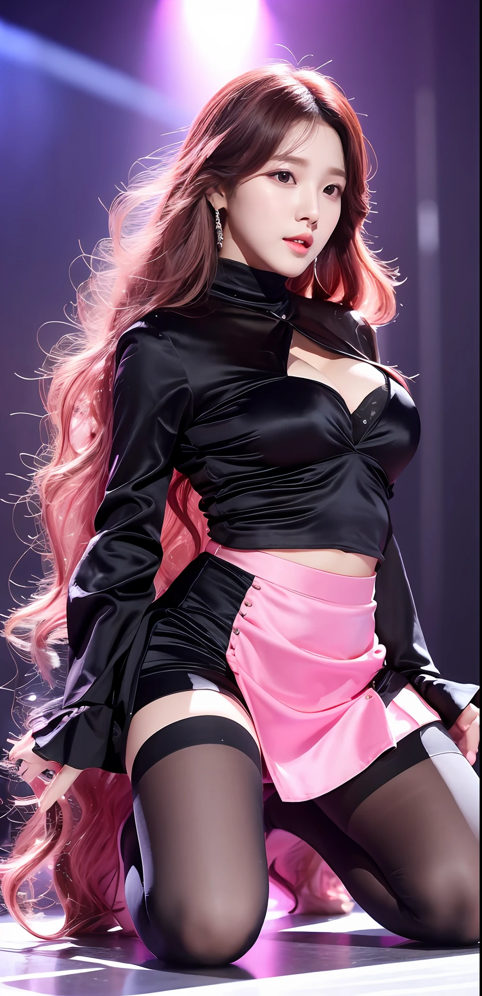 A cute Korean female singer, long pink hair, thin body, big ass, short skirt black silk, delicate facial features, curly hair, big breasts, background is stage, 8k picture quality, kneeling with open legs, facing the audience,