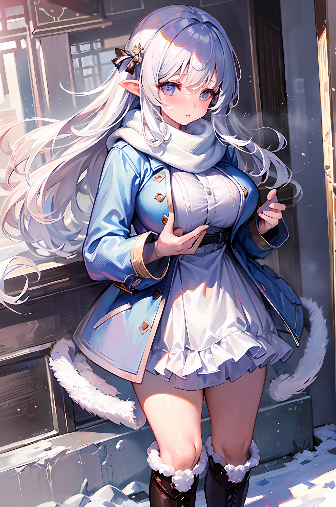 (((Masterpiece))), top quality, super detailed, blush, cute and playful, heavy snow, accumulated snow, long coat, long boots, scarf, white breath, silver hair, fluffy hairstyle, loose fluffy, ((huge breasts)).