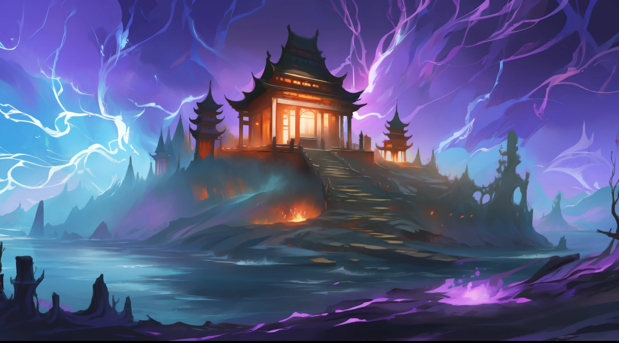 solo, super fine photo, picture Unreal Engine 5 8K UHD of an island, dead trees, demonic environment, creepy sky with red thunders, floating small island with a temple on it, magic round barrier covered the temple, best quality, masterpiece, official art, unified 8k wallpaper, super detailed, sharp focus