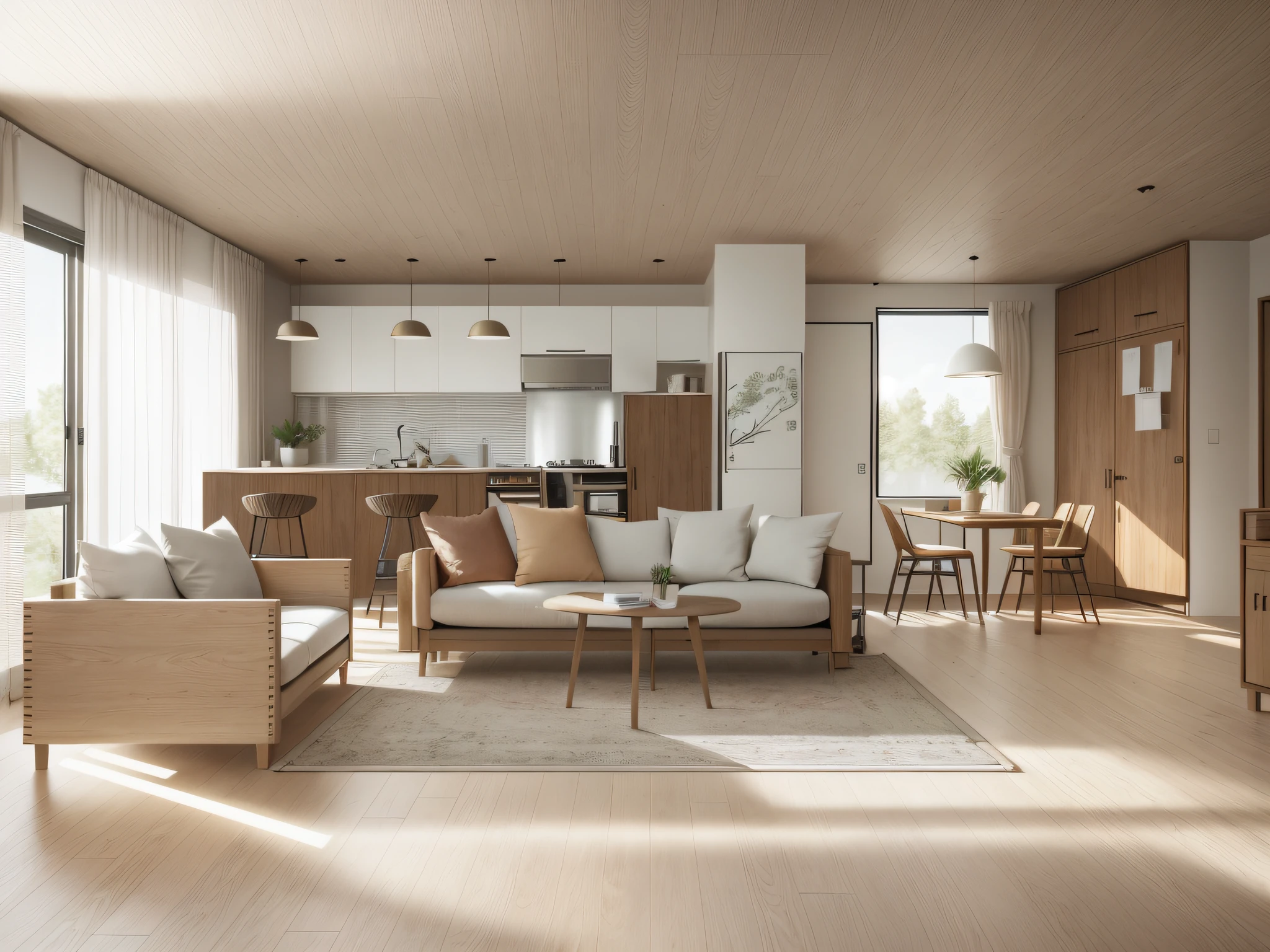 there is a living room with a couch, chairs, table and a kitchen, modern japanese living room, archviz, realistic physical rendering, warm interior, warm living room, rendered in corona, scandinavian design, highly detailed interior, natural realistic render, warm interiors, award-winning render, highly detailed render, in a japanese apartment, bright render, soft natural volumetric lighting