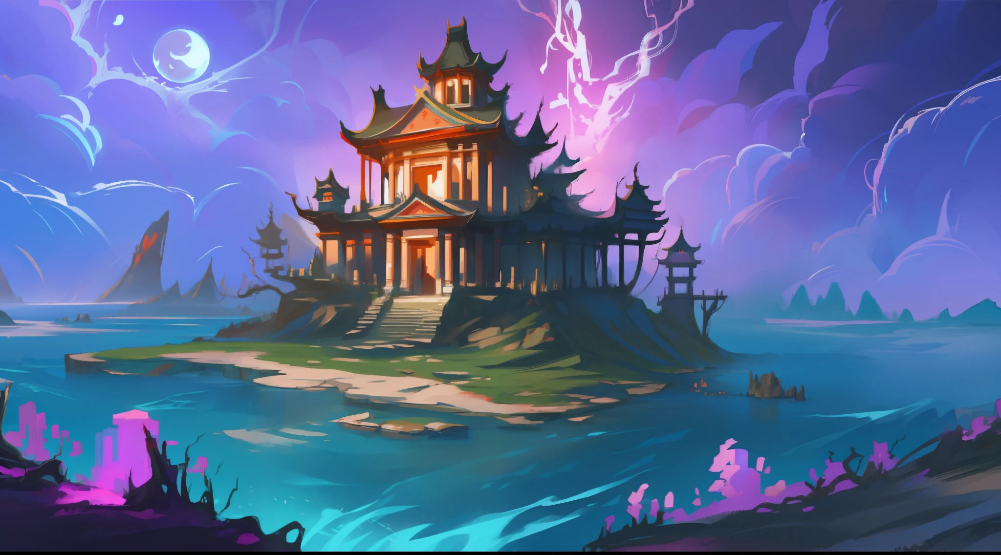 solo, super fine photo, picture Unreal Engine 5 8K UHD of an island, dead trees, demonic environment, creepy sky with red thunders, floating small island with a temple on it, magic round barrier covered the temple, best quality, masterpiece, official art, unified 8k wallpaper, super detailed, sharp focus