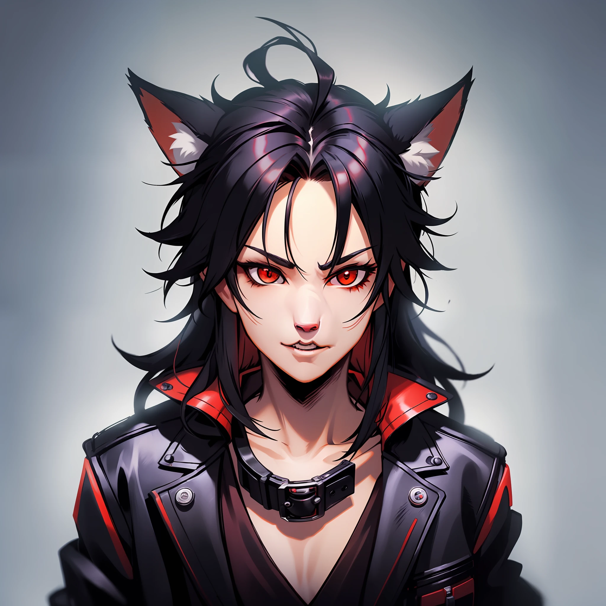 (anthropomorphic fox cute puppy) with black jacket, red eyes, hairy body, bad boy, young, portrait, bust, posture facing the camera, cartoon, dress as 80s metalhead rocker masterpiece, confident posture, youtuber