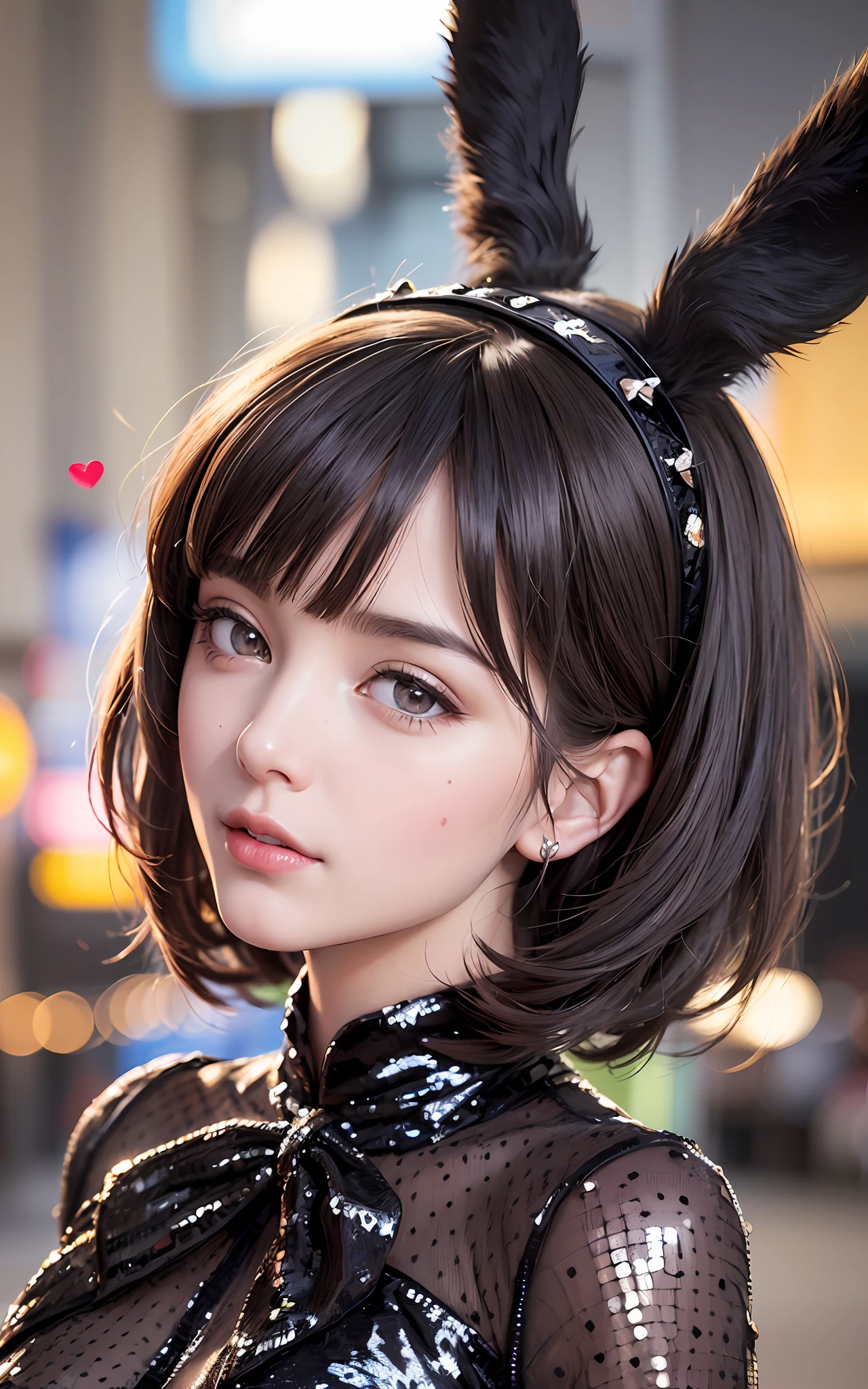 (Realistic, Photorealistic: 1.37), (8k, RAW Photos, Best Quality, Masterpiece: 1.2), Very Cute Woman, Super Detailed, Heart-Shaped Pupils, Physically Based Rendering, Ultra High Resolution, Kodak Vision Color, Shot with Arricam LT Camera, Bokeh, Sharp Focus,
Watch Realistic, Solo, Photorealistic, Top Quality, Highly Detailed Face, ((Sequins, Black Bunny Suit, Rabbit Ear Shaped Hairband: 1.2)), Dark Brown Hair, Short Bob Hair, Highly Detailed Eyes and Face, Beautiful Detailed Eyes, Double Eyelids, Unforgettable Smile, Hair Fluttering in the Wind, (Upper Body)), ((Colorful Casino, Background Blur))