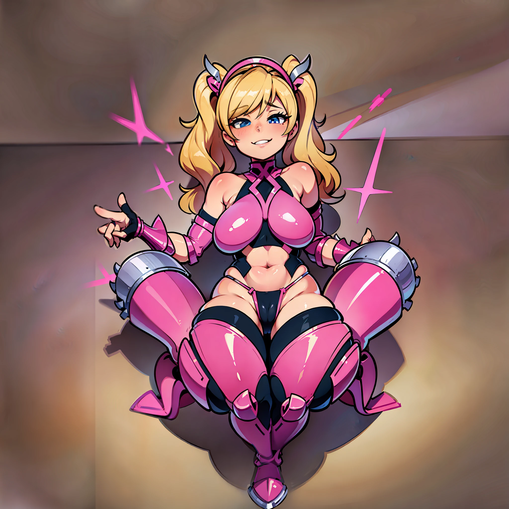 pink_mercy, 1girl, big butt, colored background, simple background, winking, happy, small breasts, gorgeous, blonde, twintails, armor, full body, laying down, armor, from the back, from above, thong