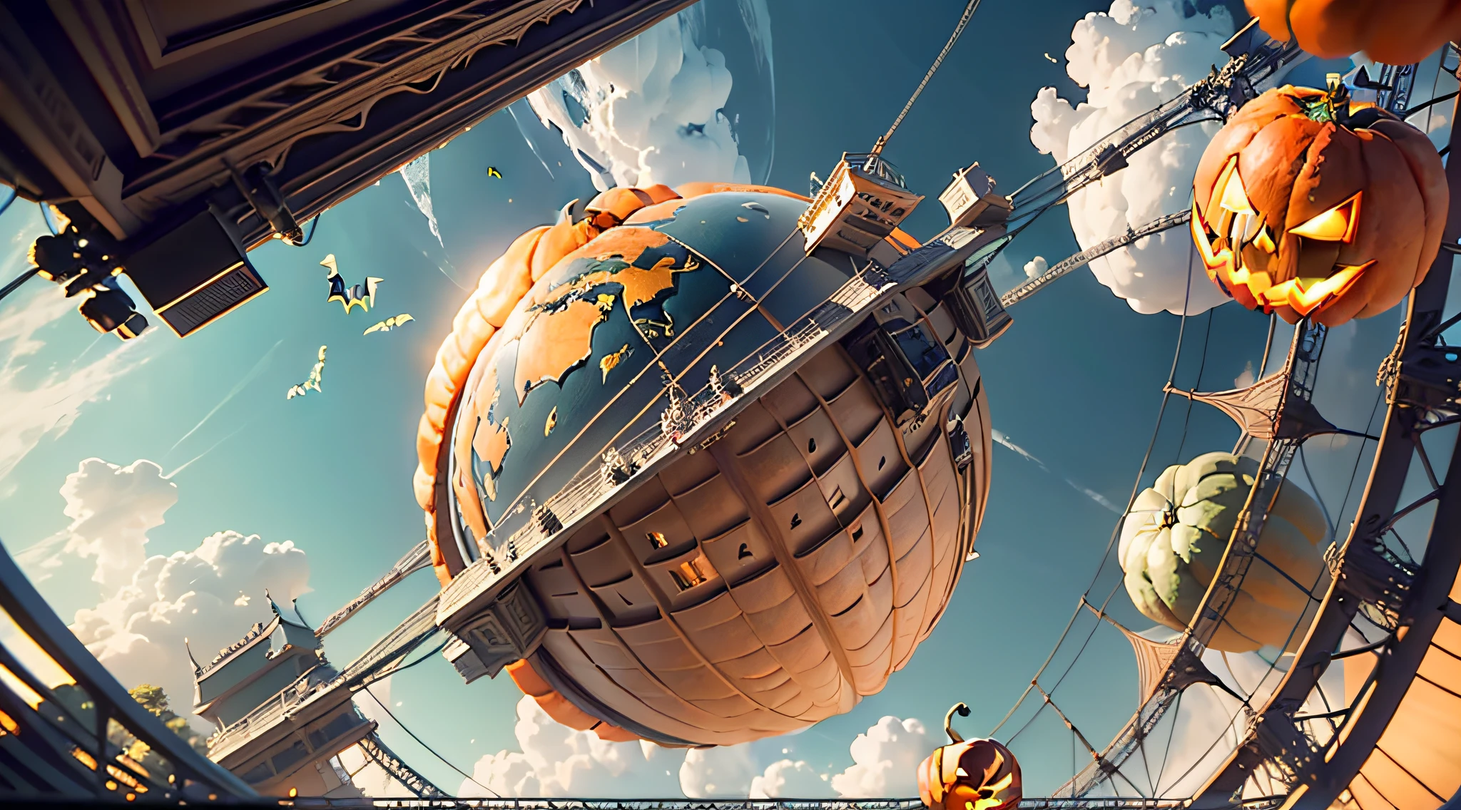 (Halloween scene, minimalism, Verism), (clean sky, half of the picture floating strange pumpkin, screen of earth model in amusement park background, good chiaroscuro, first-person perspective, panorama, perspective), (ground foreground, 8K, strong sense of air, gigapixel level detail rendering).