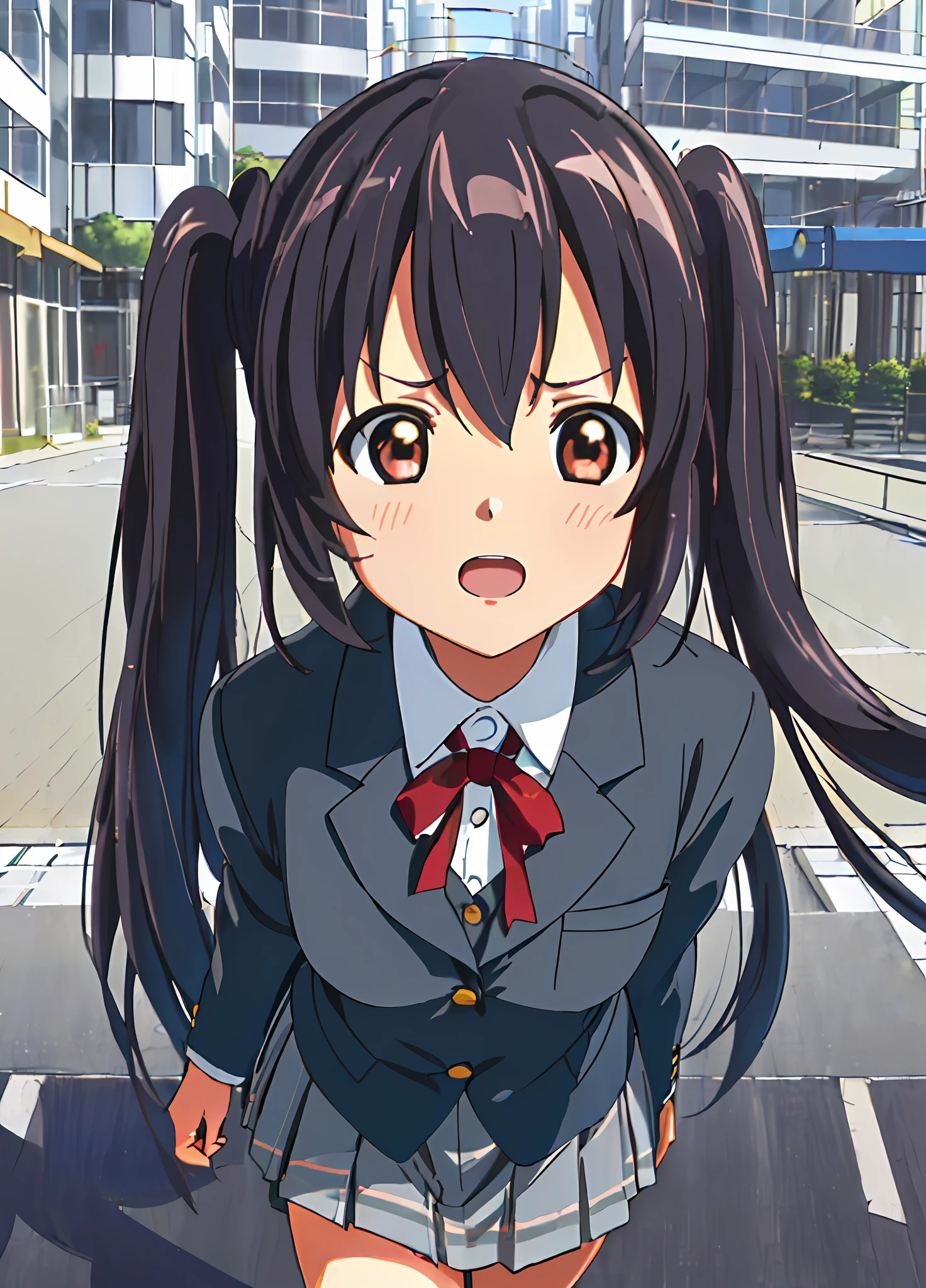 1girl, ((((Masterpiece))), Best Quality, Best Quality, High Detail, Azusa Nakano, 1girl, Sakuragaoka High School Uniform, Musical Instrument, School Uniform, Twin Tails, Long Hair, Black Hair, Brown Eyes, Solo, Red, Dark blue blazer with a thin ribbon of red, Solid white button shirt under blazer, Illustration, Cartoon, Soothing tones, Muted colors, Soft cinematic light, Adobe Lightroom, Photo Lab, HDR, complex and highly detailed, (((depth of field))))). (((Masterpiece))). (((highest quality))).) ((super detail))). (((Illustration))). (((Outside))). (((fighting stance))).,((((Giantization))).dynamic focus.small breasts. (((skyscrapers))). (((Cityscape))). (((Face of sadness))). open mouth.