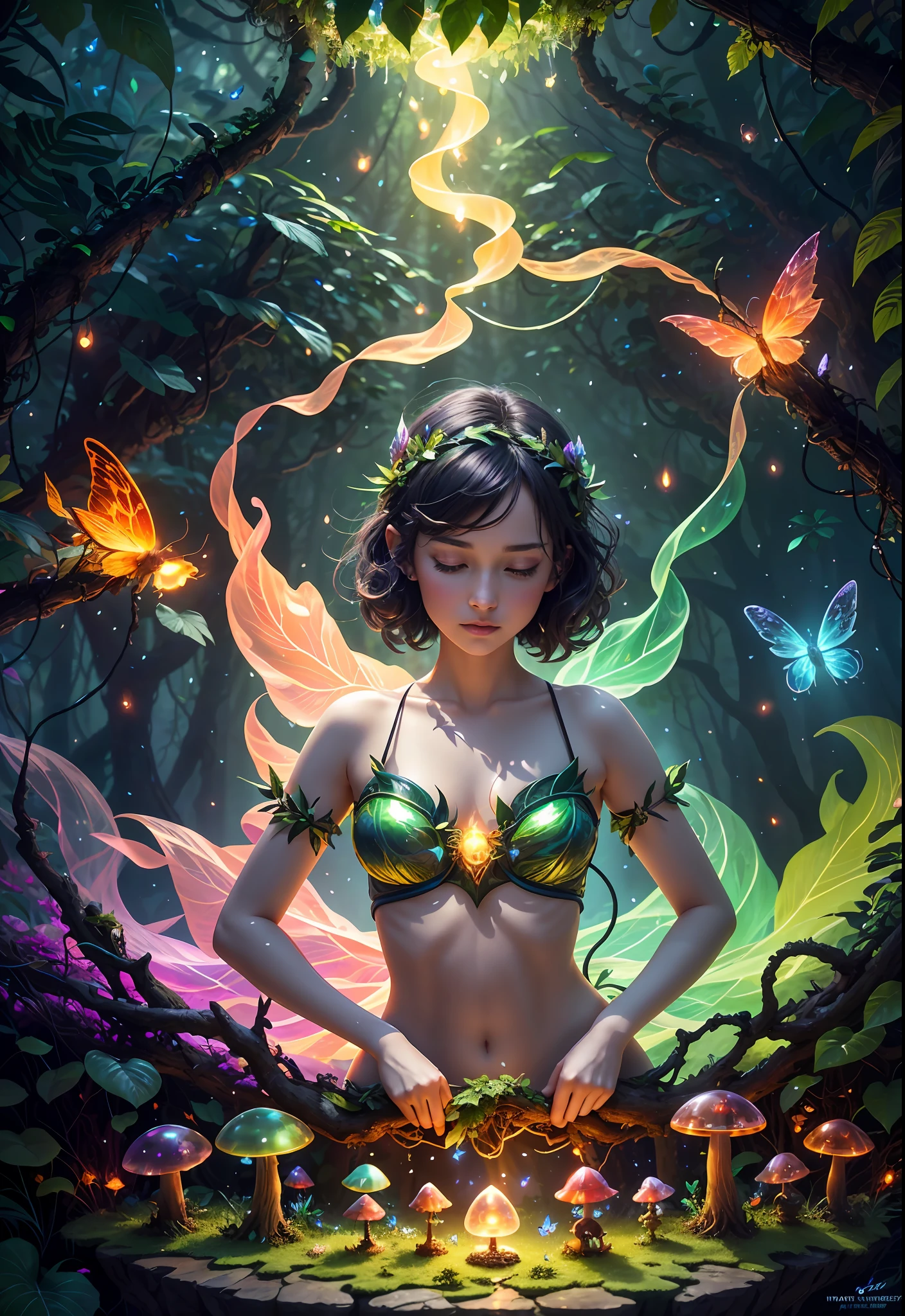 Fantasy in a glass, "ethereal roses, cute slime animals, glowing little mushrooms surrounded by delicate leaves and branches, fireflies and glowing particle effects, boys and girls in dynamic poses", (natural elements), (jungle theme), (leaves), (branches), (fireflies), butterflies, (delicate leaves), (glow), (particle effects), super realistic, super detailed, dramatic lightning, 4k, masterpiece,