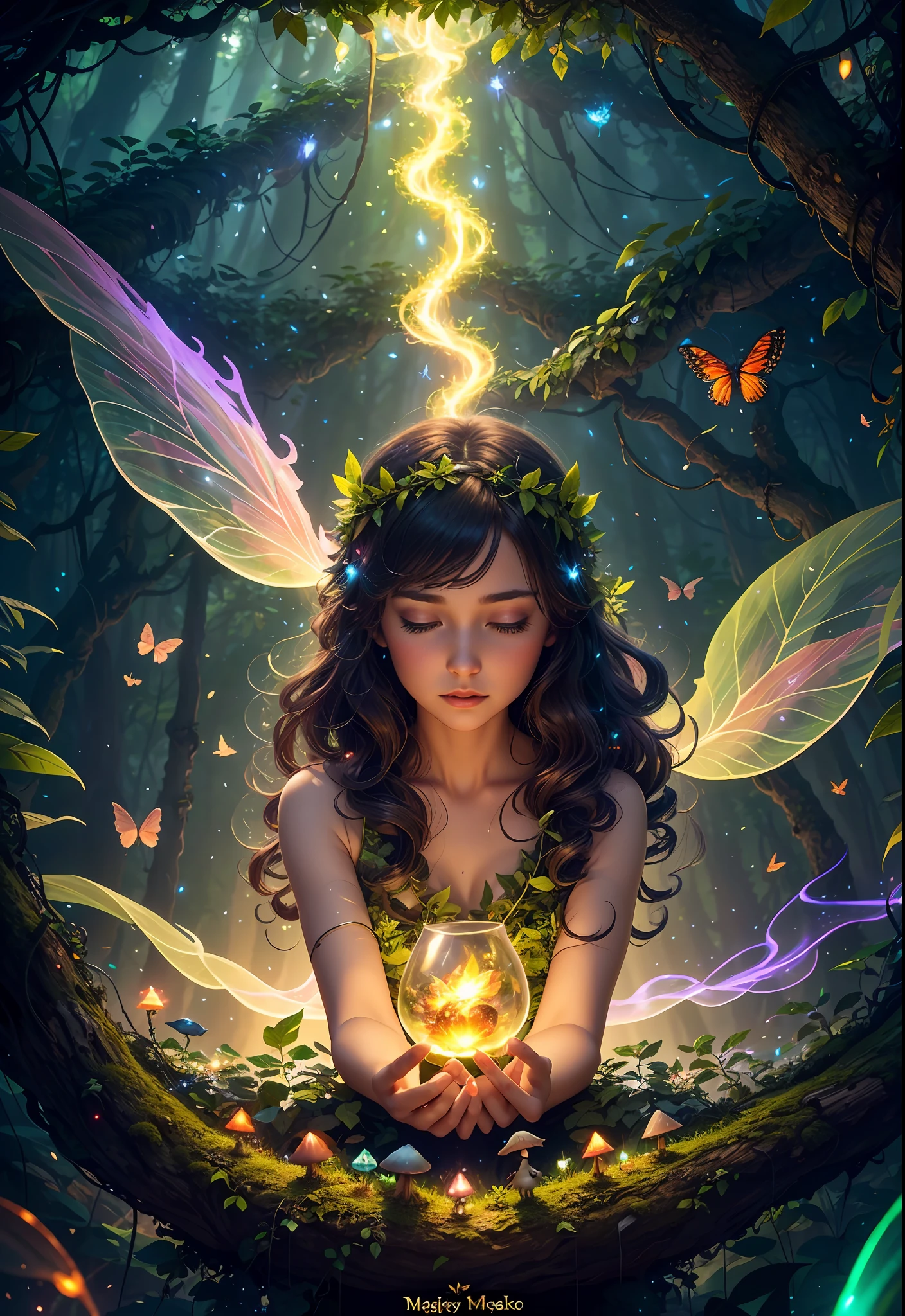 Fantasy in a glass, "ethereal roses, cute slime animals, glowing little mushrooms surrounded by delicate leaves and branches, fireflies and glowing particle effects, boys and girls in dynamic poses", (natural elements), (jungle theme), (leaves), (branches), (fireflies), butterflies, (delicate leaves), (glow), (particle effects), super realistic, super detailed, dramatic lightning, 4k, masterpiece,