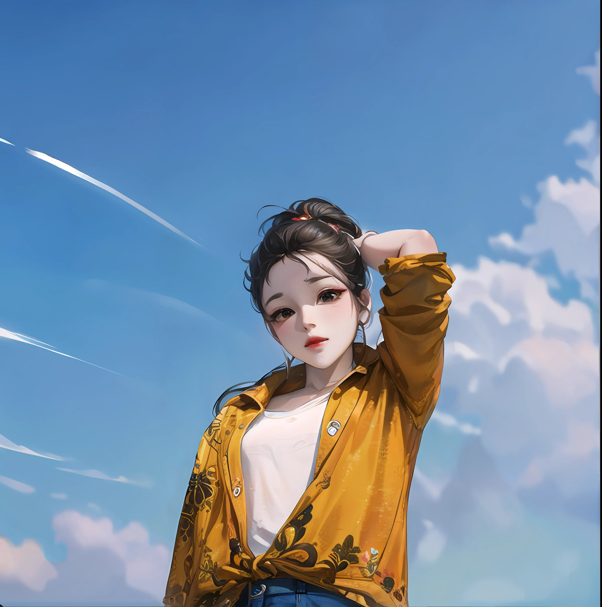 anime girl with yellow jacket and blue jeans posing for a picture, artwork in the style of guweiz, guweiz, realistic anime 3 d style, anime style 4 k, anime style. 8k, guweiz on pixiv artstation, beautiful anime girl, a beautiful artwork illustration, guweiz on artstation pixiv, by Yang J