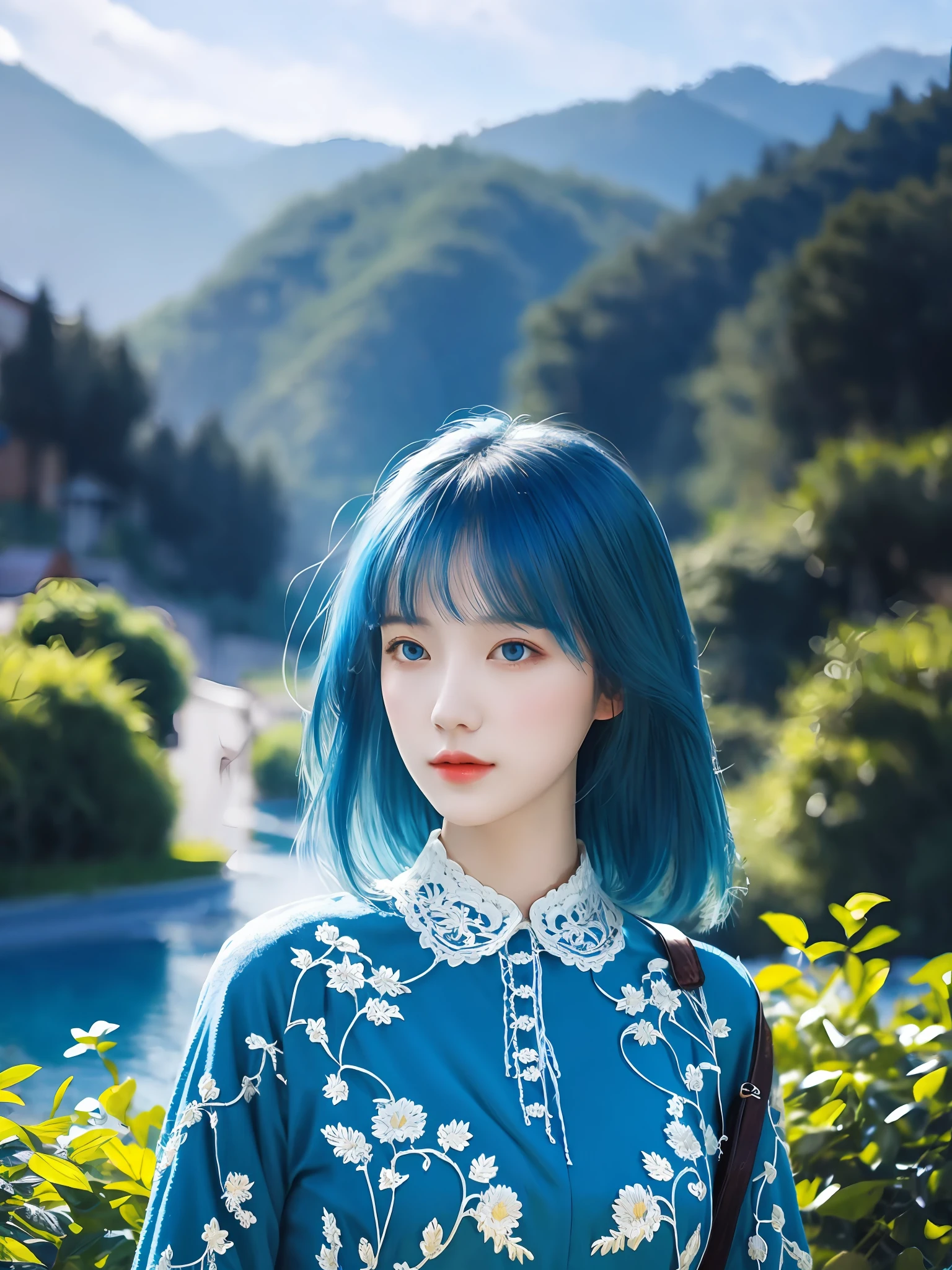 1((masterpiece,best quality,highest quality,illustration,intricate details)),blue hair,1girl,outdoor,