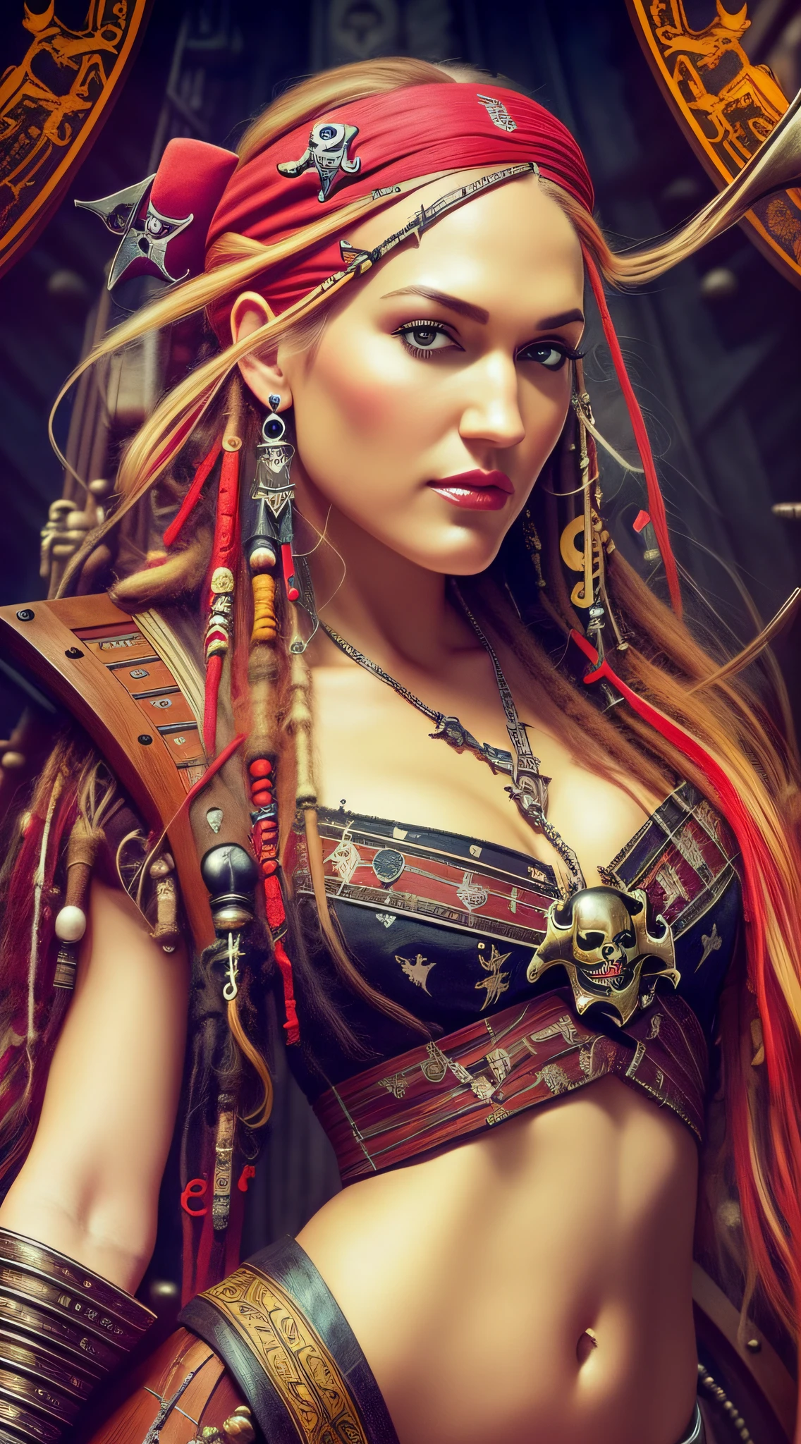 Gwen Stefani, full body potrait of a photorealistic beautiful woman, (aboard a pirate ship:1.50), intense coloration fantasy, light hair, a stunning realistic photograph 20 years , random colored hair, (multiple women pirates dancing together:1.3), random color eyes, full body, cover, hyperdetailed painting, luminism, octane render, Bar lighting, complex, 8k resolution concept art portrait by Martina Fačková and Prywinko Art, Artgerm, WLOP, Alphonse Mucha, Tony Taka, fractal isometrics details, photorealistic face, hypereallistic cover photo awesome full color, hand drawn, bright, gritty, realistic color scheme, davinci, .12k, intricate. hit definition , Beethoven, cinematic,Rough sketch, mix of bold dark lines and loose lines, bold lines, on paper , real life human