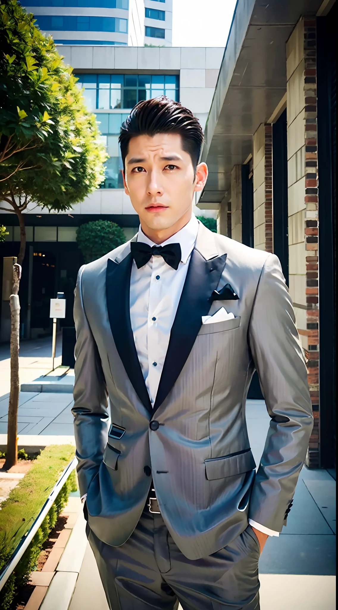 1boy, 35 years old Japanese male, (male:1.5), gray eyes, squint, (very short hair:1.3), under_cut, Pompadour, ((formal)), ((suit)), (handsome, sharp) , fierce facial features,))), (stout muscular body), (stout physique), SFW, outdoors, detailed background, modern urban,