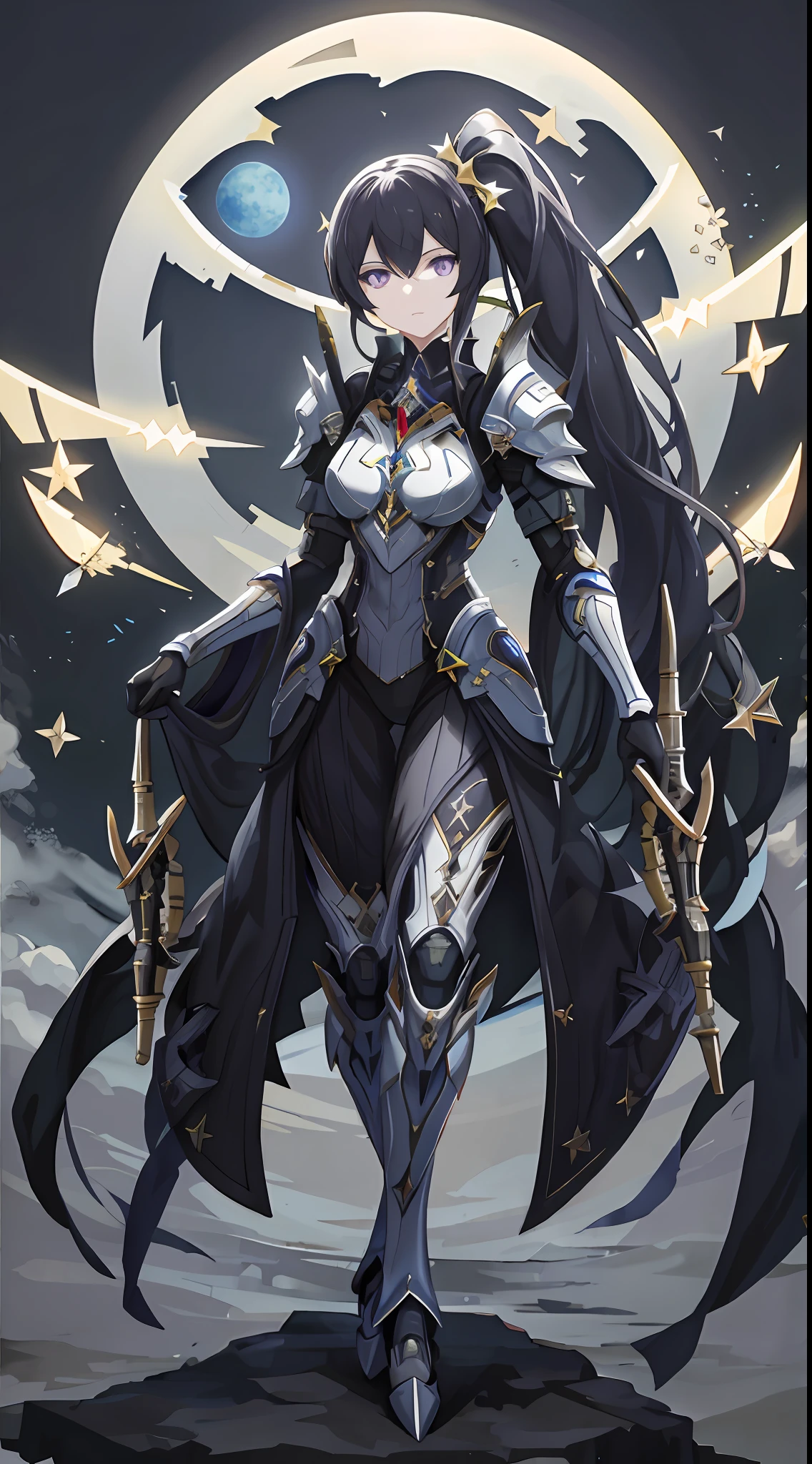 (Masterpiece, high resolution, super detailed), solo, female, long black hair, side ponytail, dark purple eyes, robot girl, high tech, (intergalactic warframe: 1.3), ((mecha armor: 1.5)), mechanical breastplate, mechanical heart, extremely complex mechanical details, a large number of electronic originals, sci-fi style, background is a tower of babel, mature woman, fine eyes and detailed face, machine gun, stars, ocean, moon, symbolism, visual arts, occultism, visual projection, philosophy, iconography, numerology, pop, art,