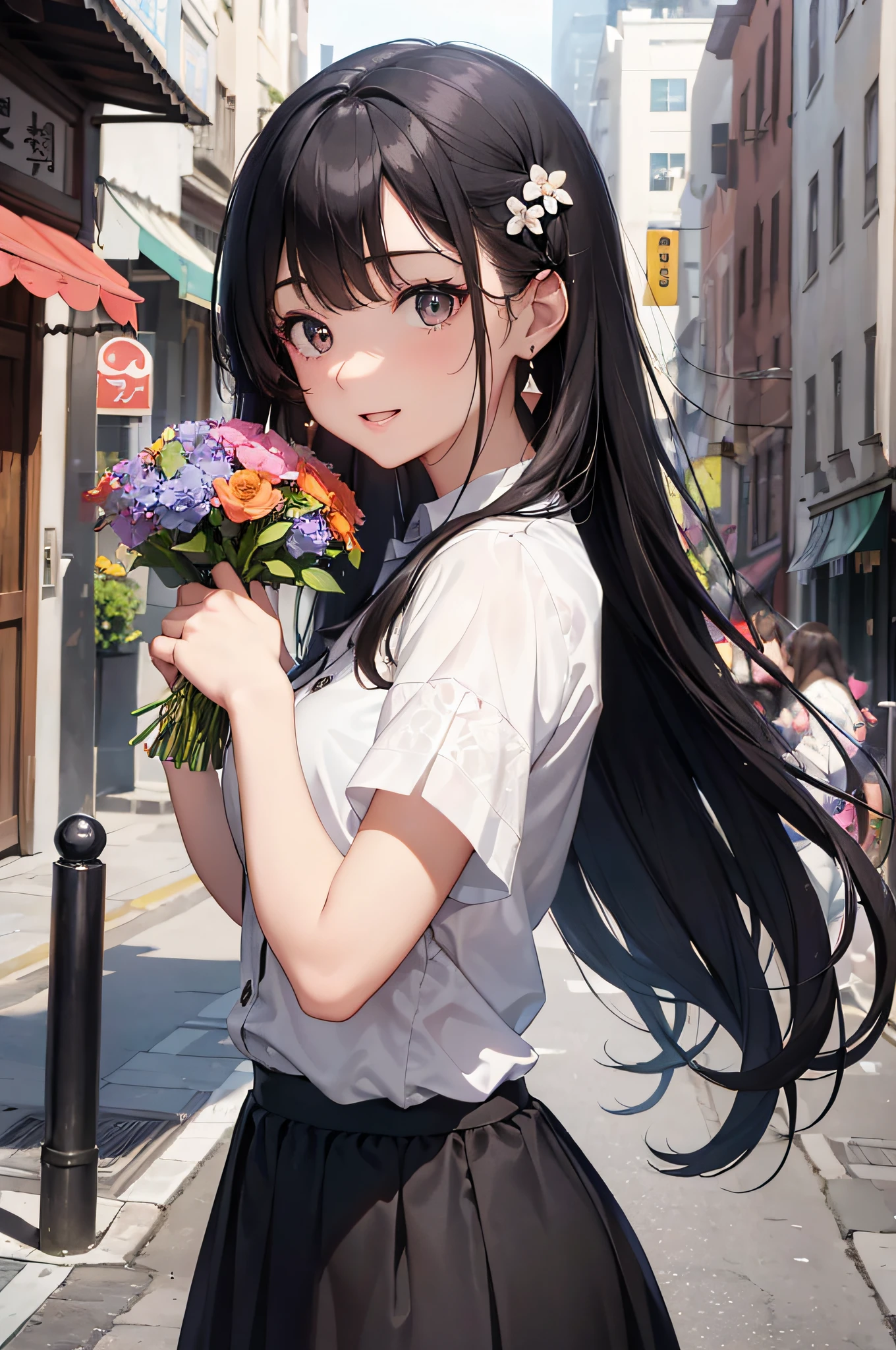 (masterpiece), (portrait), (aesthetic), (beautiful), (upper blody), (high quality), (aesthetic clothings), (professional angle), (rule of thirds), (Feminine), (woman), (female), (beautiful),(feminine features), (25 years), solo, 1 woman, (attractive South Korean), Spring, Soft light, (Standing), Natural Makeup, (Small bust), ((holding a Bouquet of Flowers)), (Front face), (Joyful expression), ((Playful Mood)), Earrings, ((Long hair)), (Black hair), (Straight hair), (Silky hair), Glossy shine hair, (Hairpin in hair), (Brown eyes), (Fresh look), (Fair skin), (Floral clothing), (Blouse), (Cardigan), (Skirt), Sweetheart neckline), ((City background)), (- in background), (Full Shot shot), beautiful hands, two hands, normal hands, two arms, complete hands, beautiful body, beautiful fingers, normal fingers, five fingers, five fingers, (Thumb index meddle ring little fingers), beautiful ears, normal ears, beautiful eyes, shiny eyes, beautiful mouth, beautiful lips,