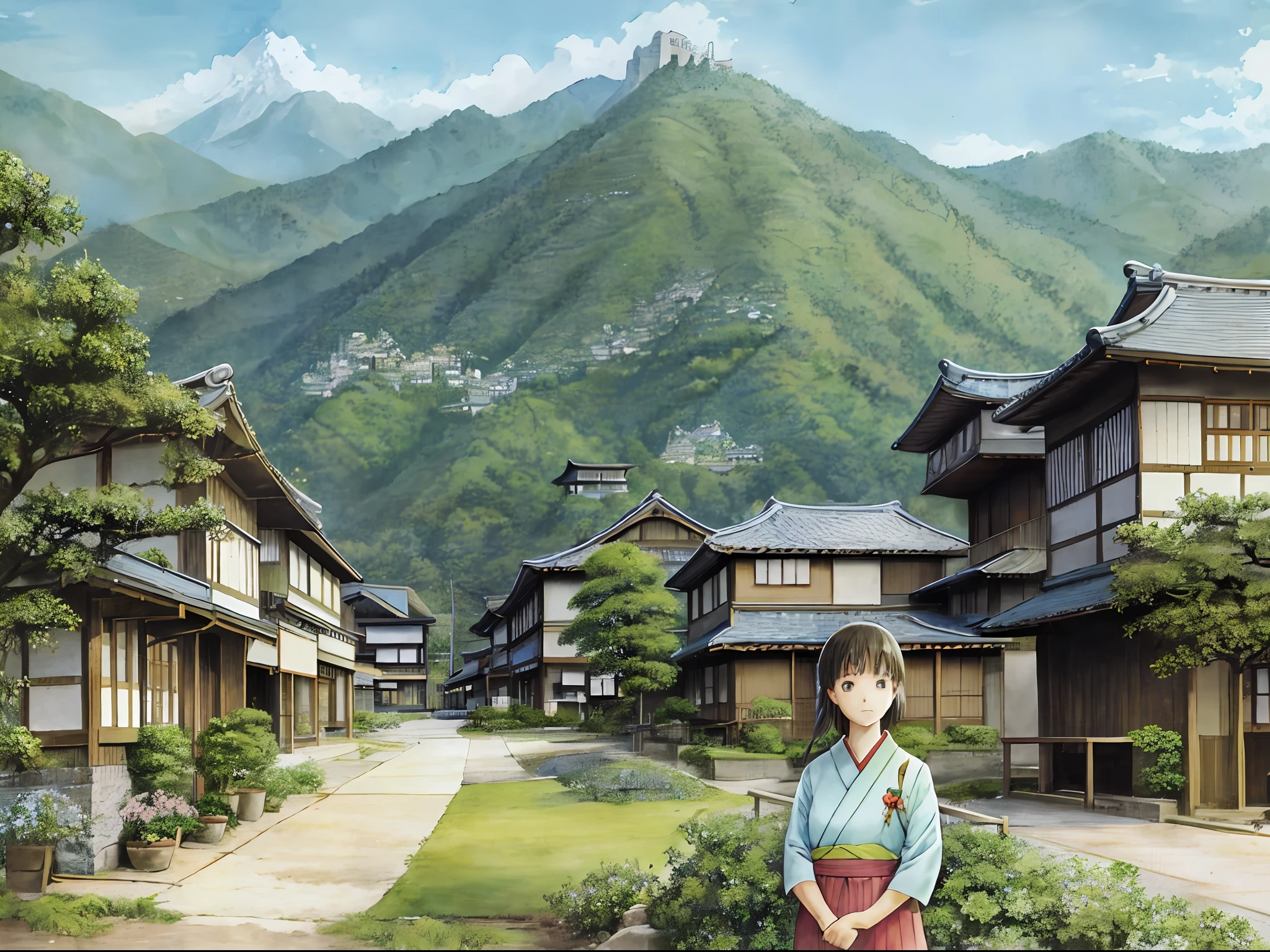 Delicate watercolor illustration of cozy small town in Japan Warring States period, cozy beautiful composition, summer afternoon color scheme, sharp details, intricate details, mountain castle visible in the back of the city