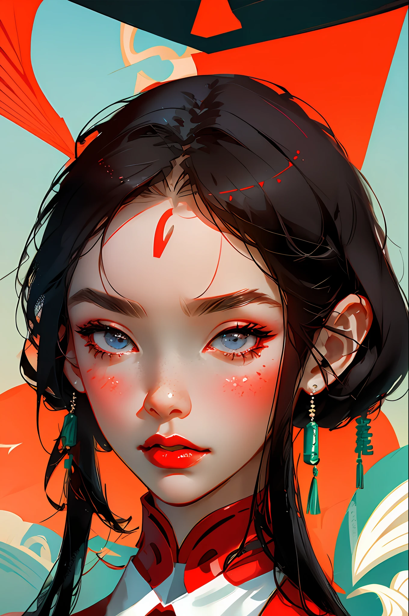 (Face close-up: 1.3), avatar close-up, cheongsam woman, trendy, modern, red, black and white fluorescent, flat style, minimalism, graphic illustration, Tsuruta Ichiro style,