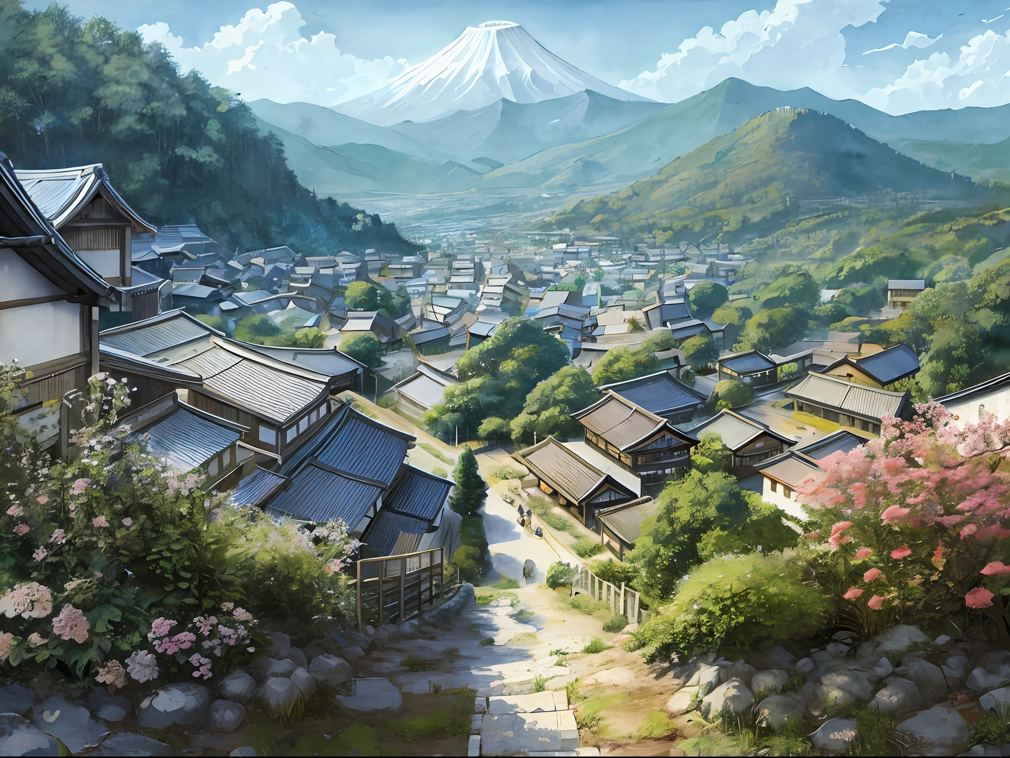 Delicate watercolor illustration of cozy small town in Japan Warring States period, cozy beautiful composition, summer afternoon color scheme, sharp details, intricate details, mountain castle visible in the back of the city