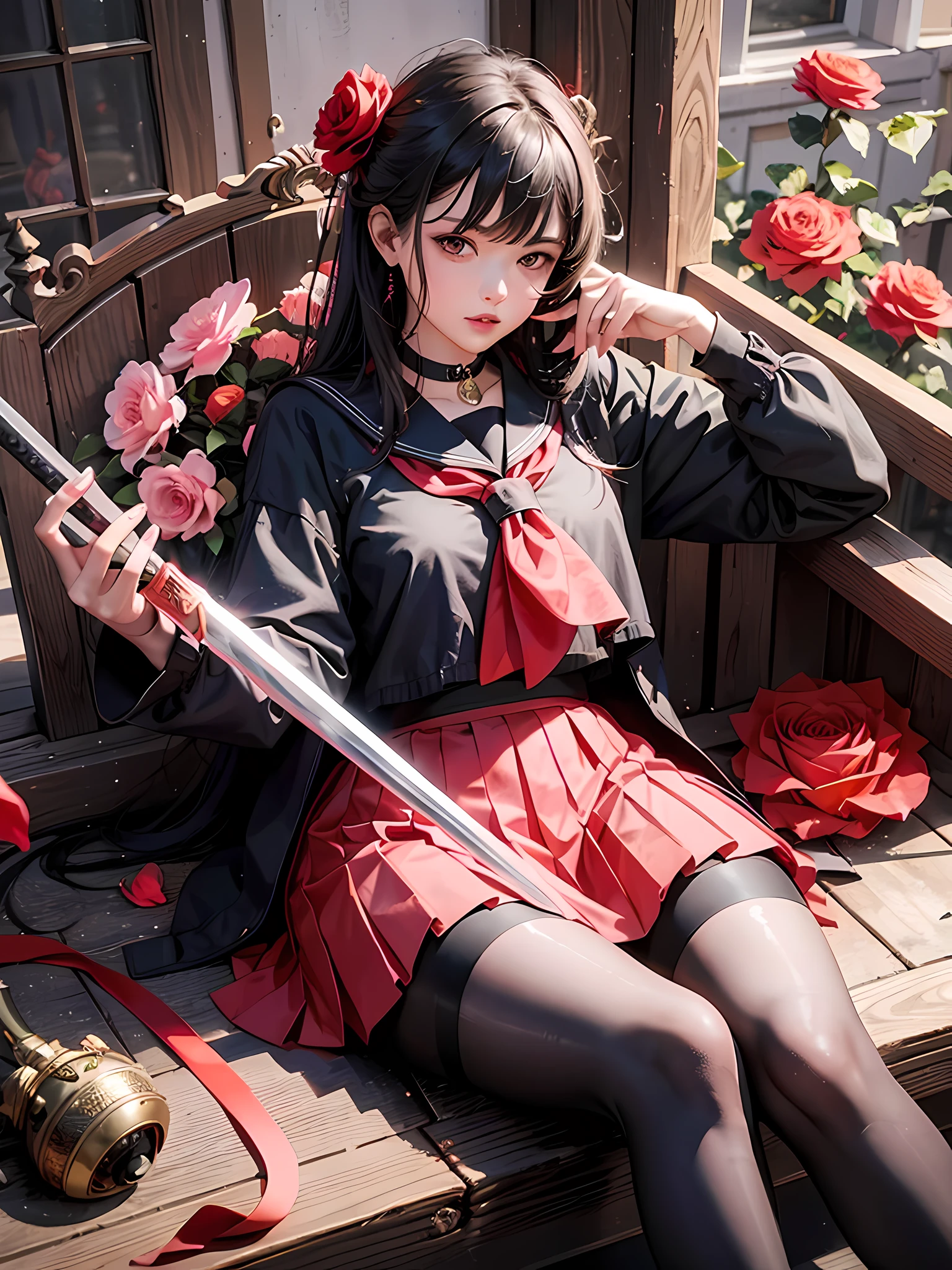 camellia, flower, red_flower, red_rose, rose, sword, weapon, katana, 1girl, pink_rose, pink_flower, spider_lily, shoes, long_hair, school_uniform, serafuku, sheath, skirt, solo, holding_sword, sheathed, vase, looking_at_viewer, sitting, orange_flower, pleated_skirt, rose_petals, black_shirt, black_legwear, black_skirt, holding_sheath, hibiscus, very_long_hair, parted_lips, loafers, sailor_collar, black_hair, neckerchief