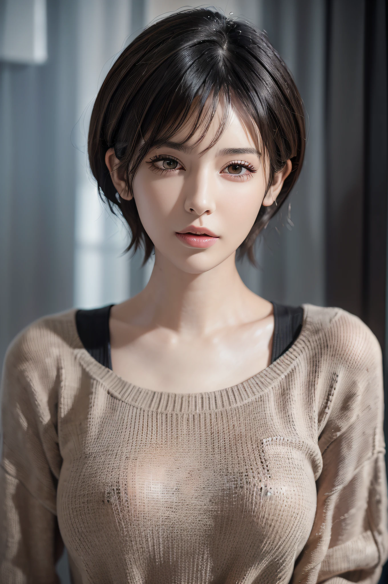 (masterpiece:1.3), (8k, photorealistic, RAW photo, best quality: 1.4), (1girl), beautiful face, (realistic face), (black hair, short hair:1.3), beautiful hairstyle, realistic eyes, beautiful detailed eyes, (realistic skin), beautiful skin, (sweater), absurdres, attractive, ultra high res, ultra realistic, highly detailed, golden ratio